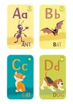 Alphabet flashcards for A-D. Showing A for Ant, B for Bat, C for Cat, and D for Dog.