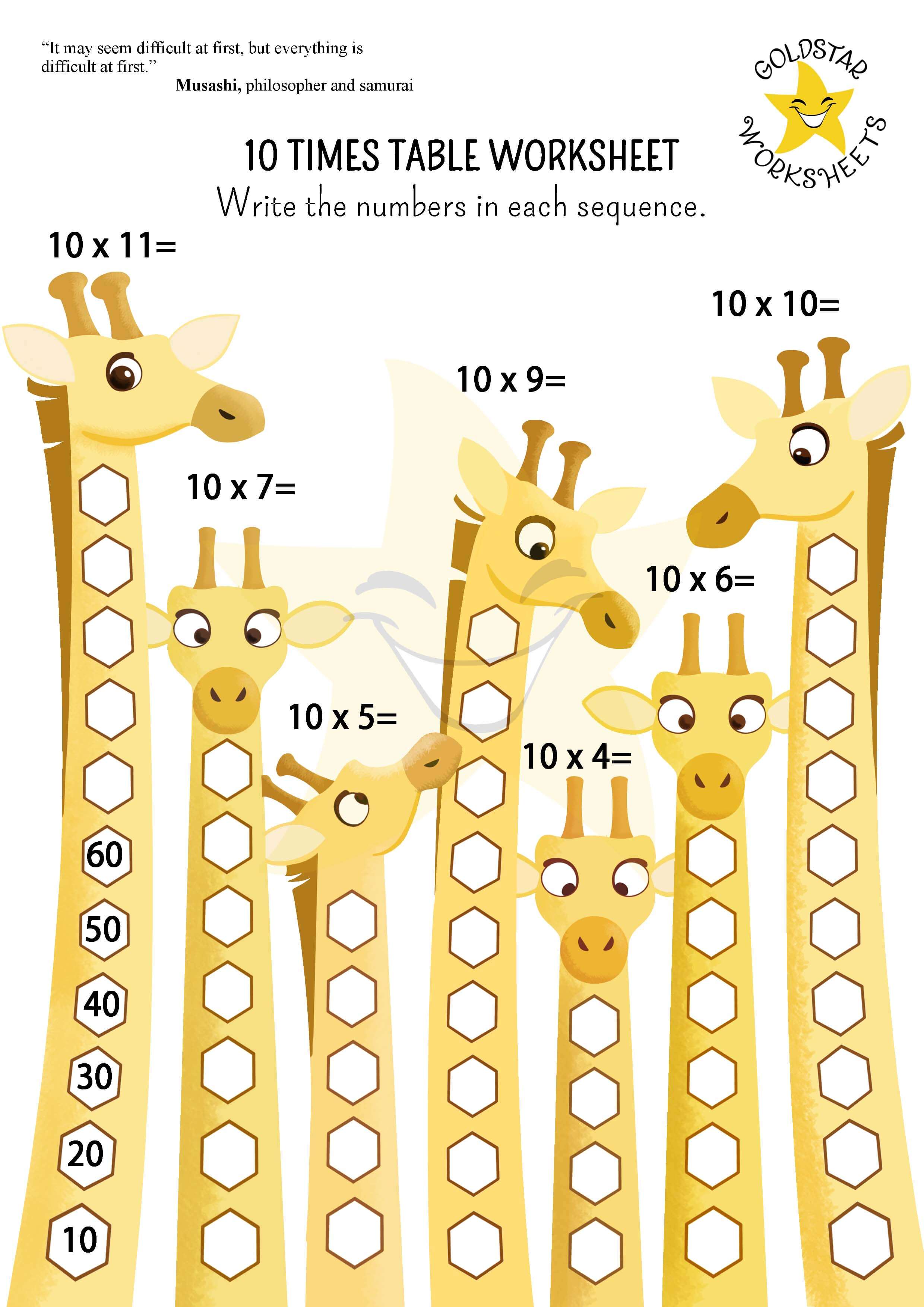10 times table giraffes - Write 10's in a sequence - 10, 20, 30 up the Giraffe's long neck
