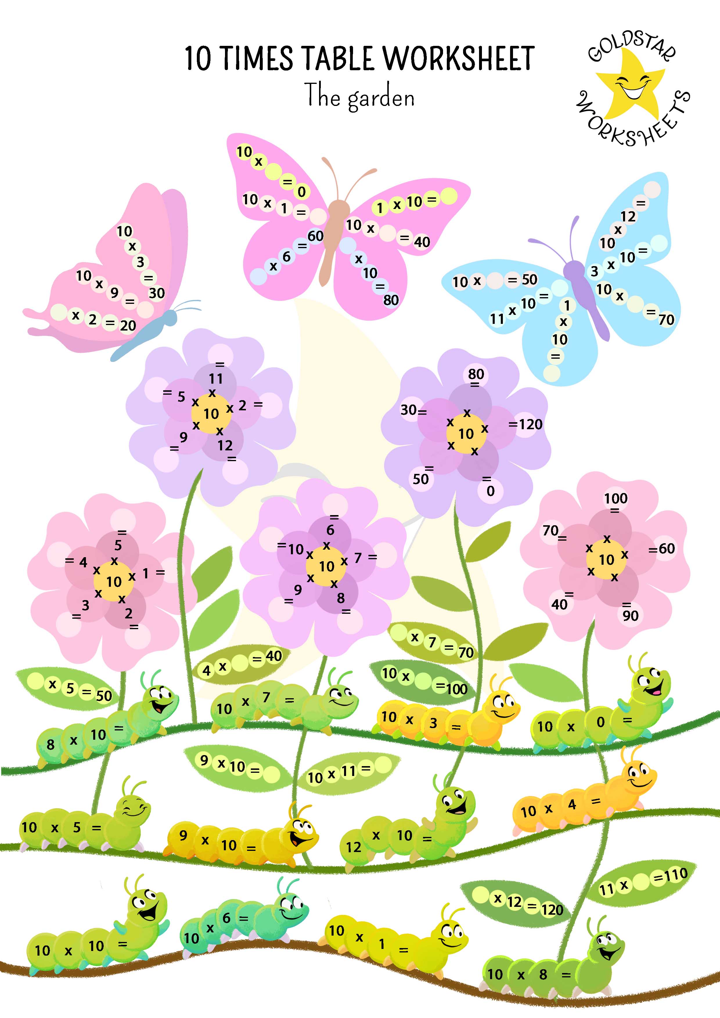 10 times table worksheet with multiple activities in a beautiful garden