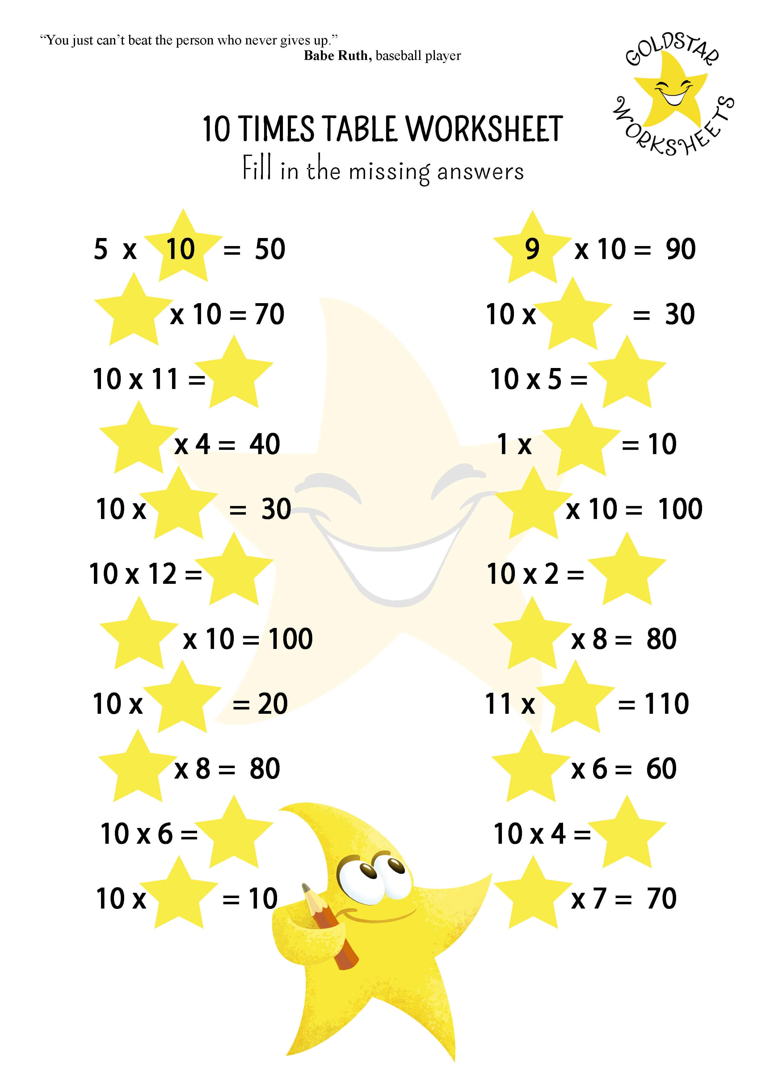 10 times table missing answers worksheet