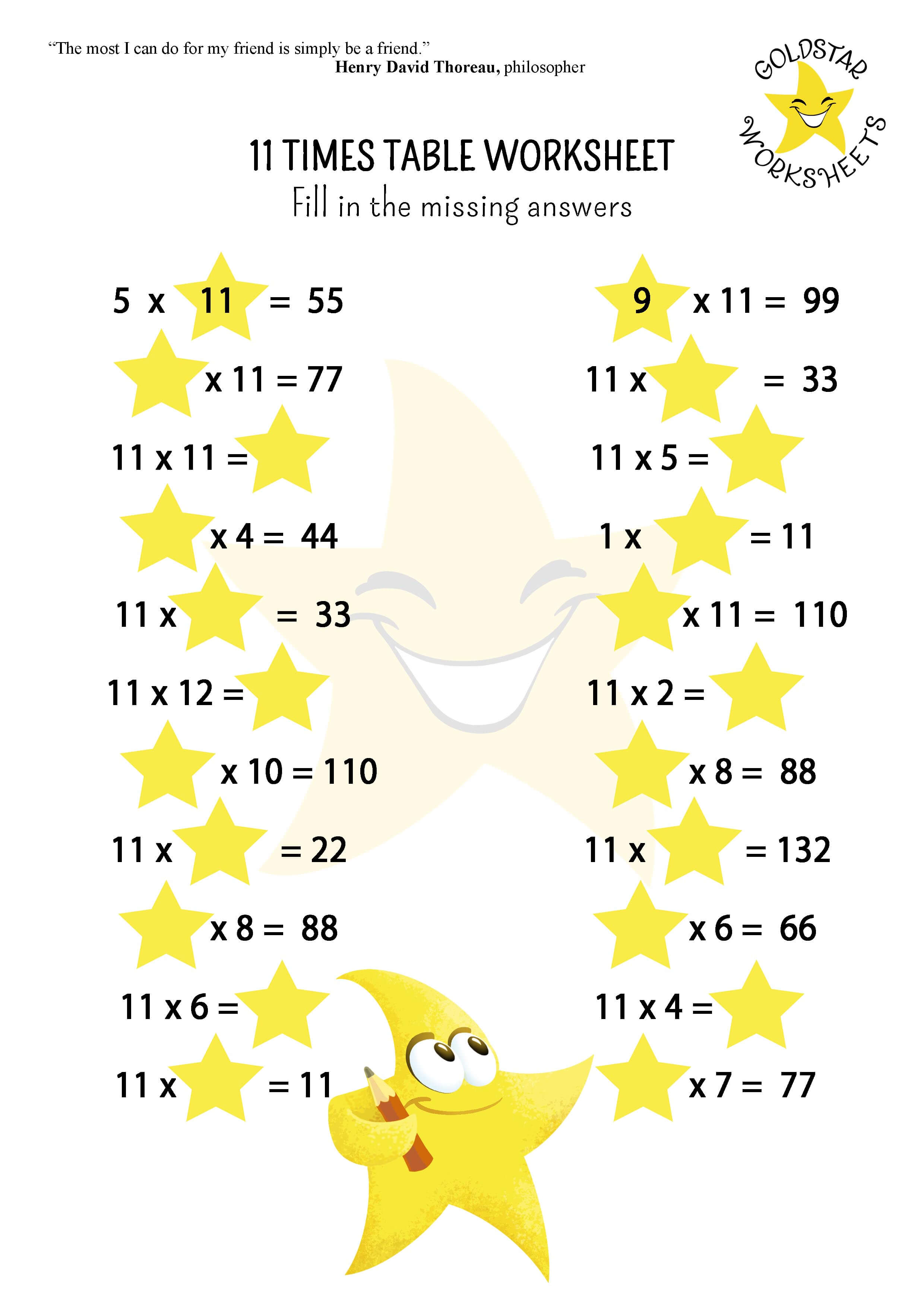 11 times table missing answers worksheet