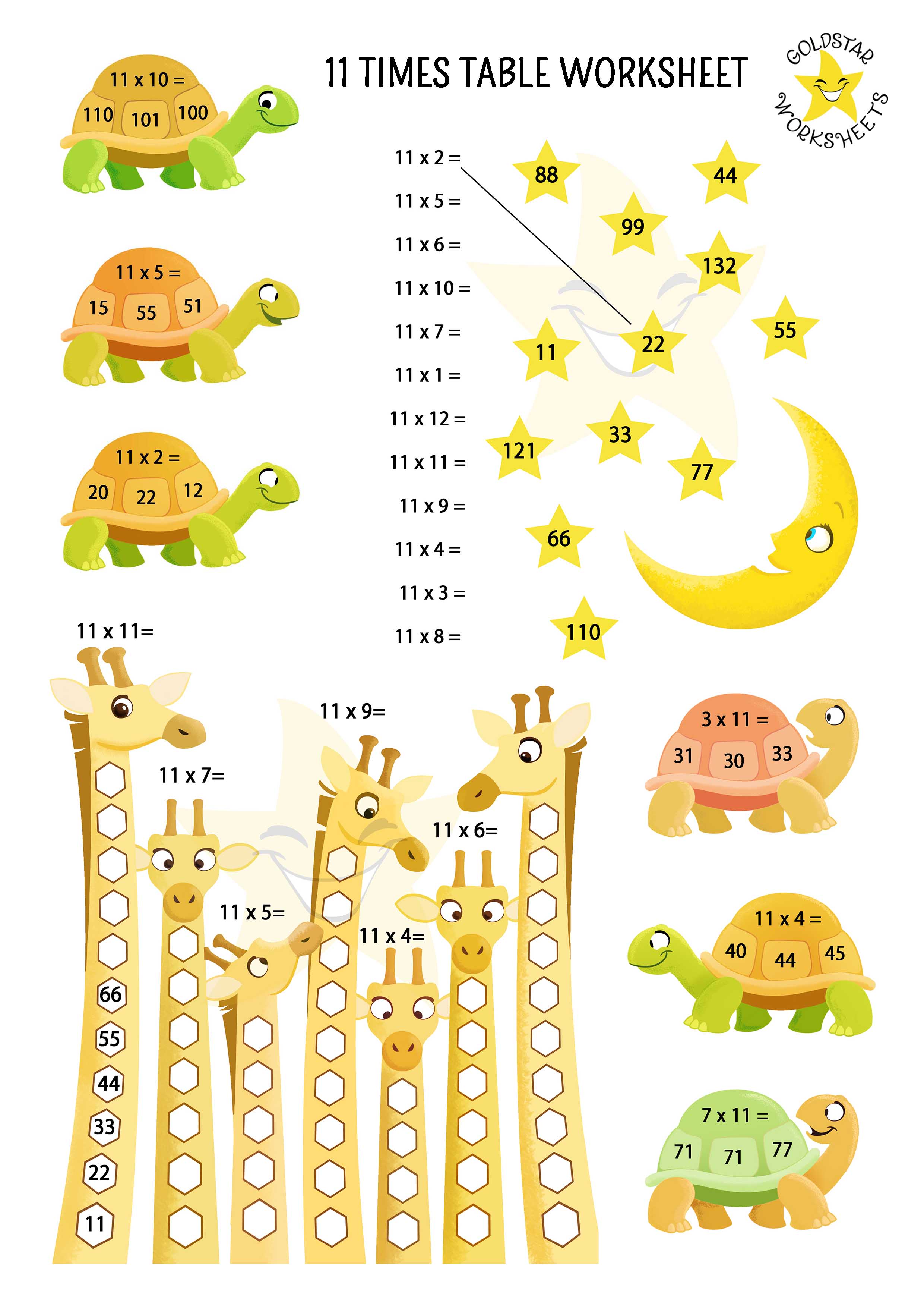 11 times table worksheet with multiple activities