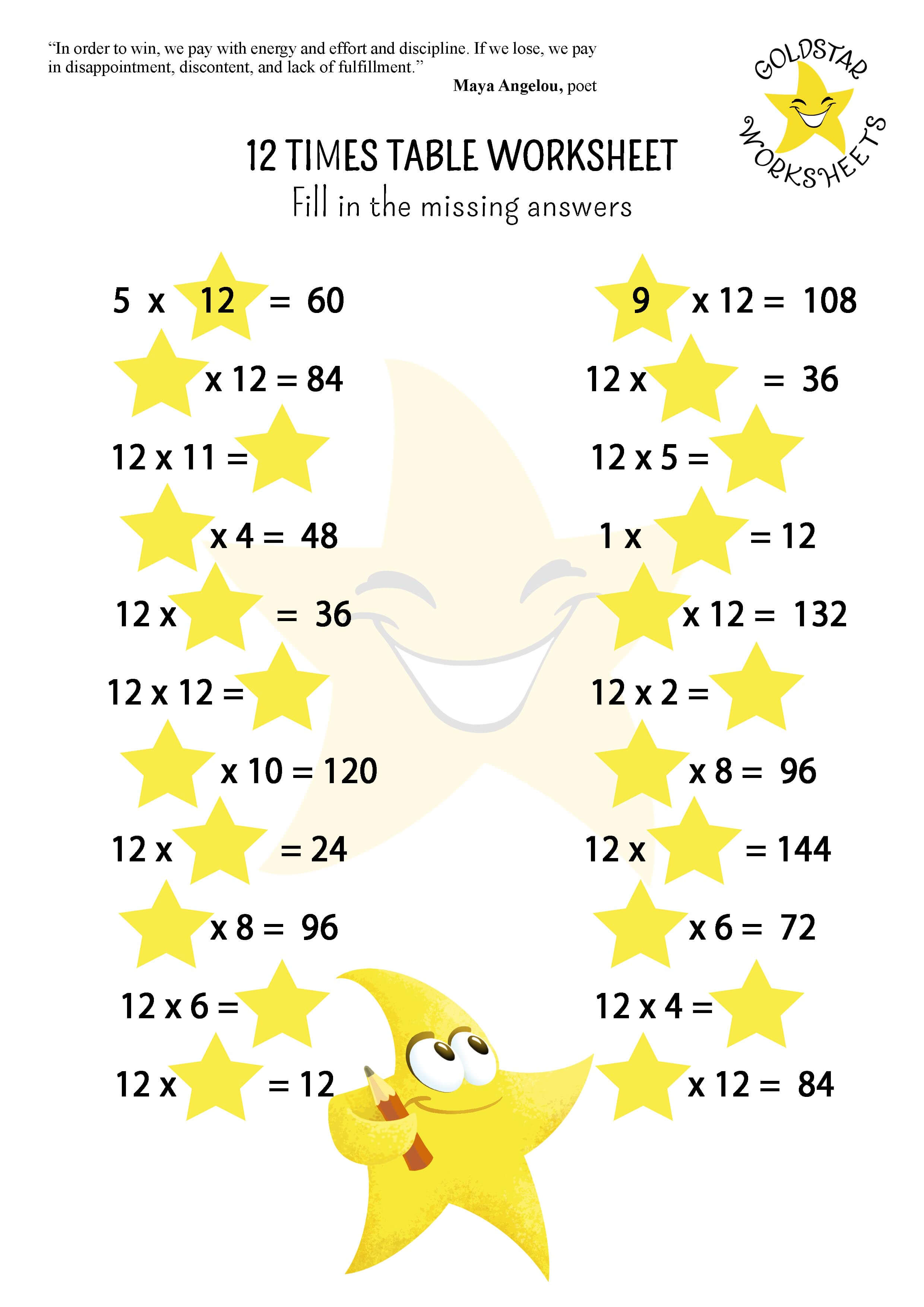12 times table missing answers worksheet