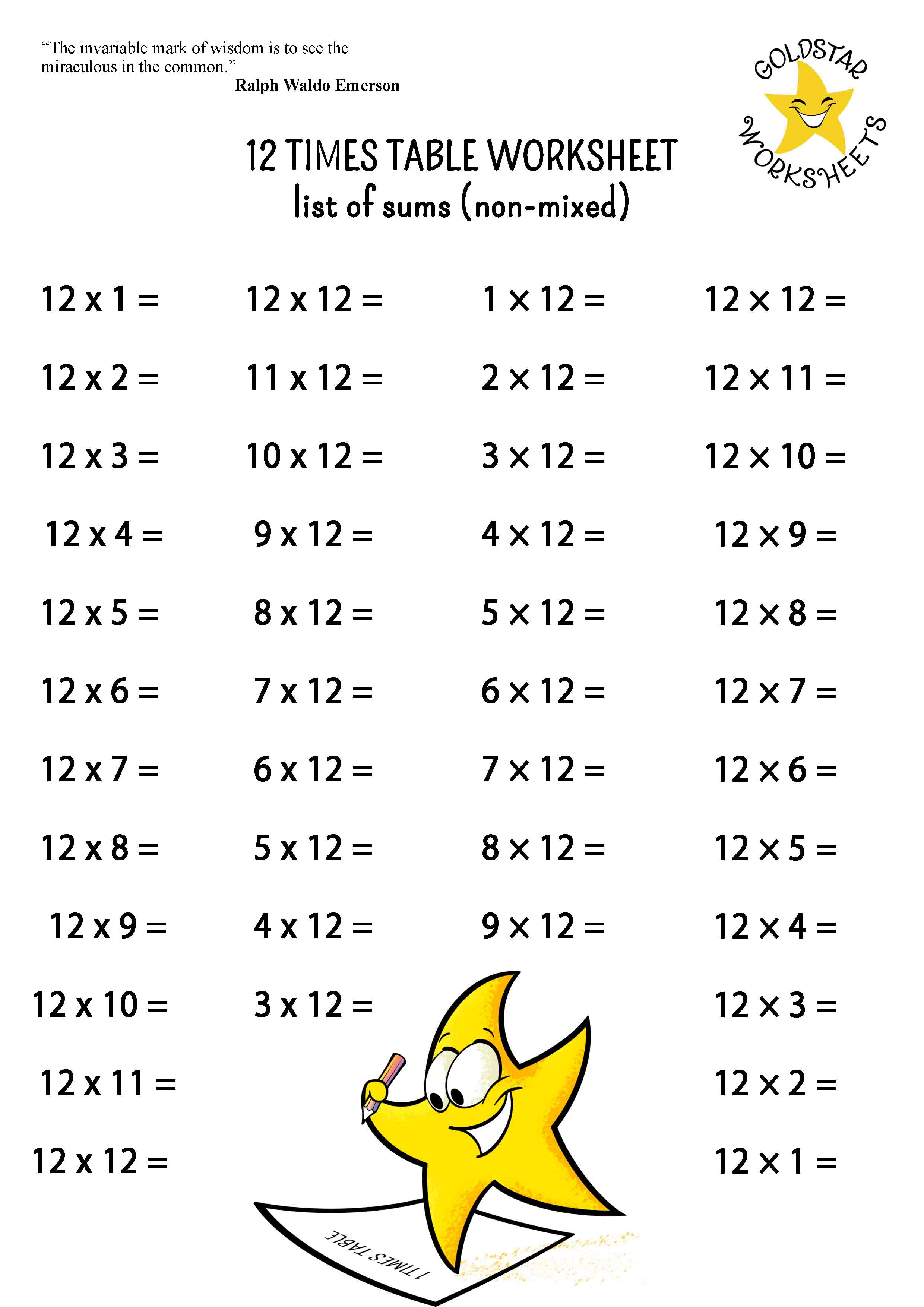 12 times table list of sums (un-mixed, more sums per page)