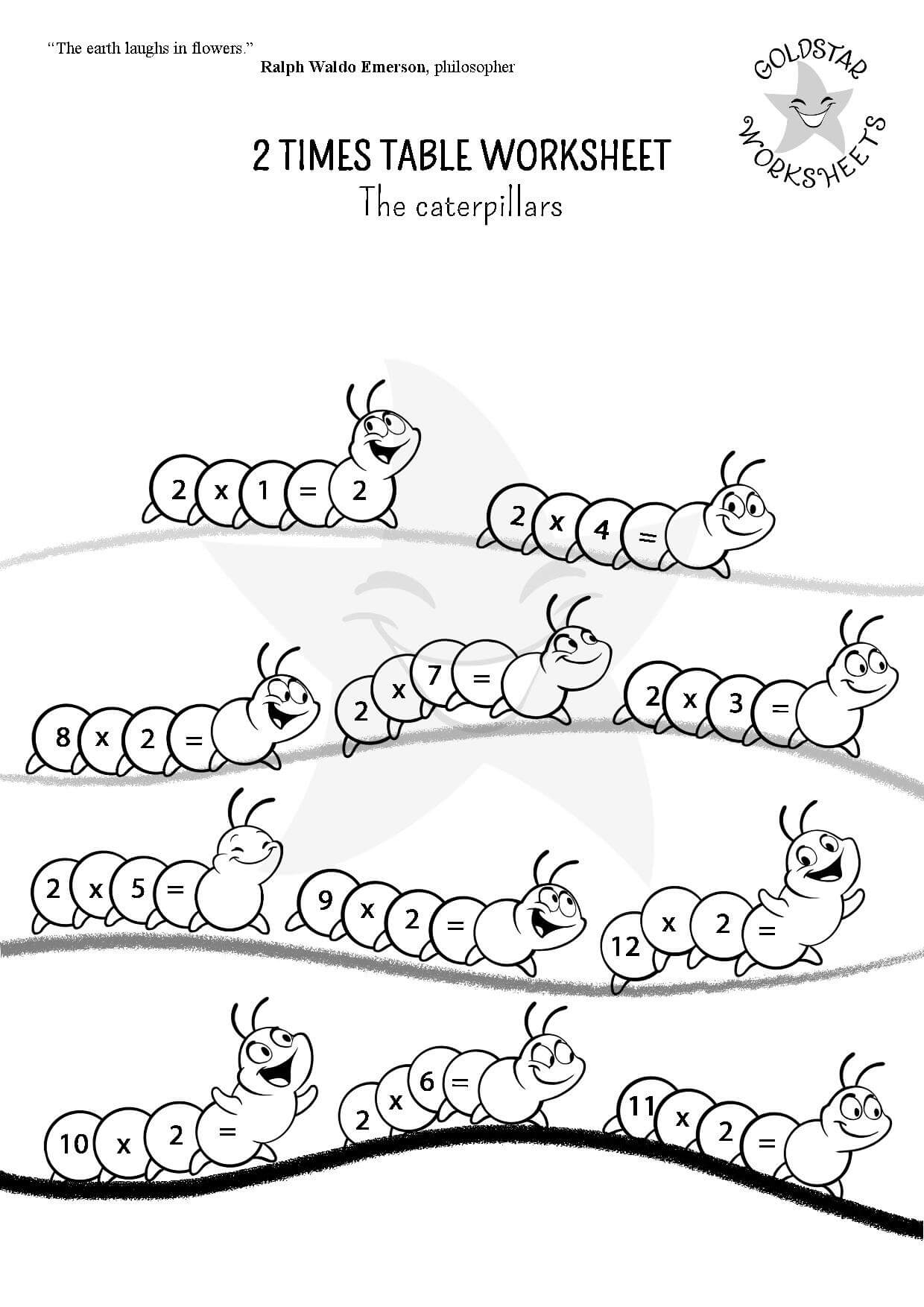 2 times table caterpillars - Black and White