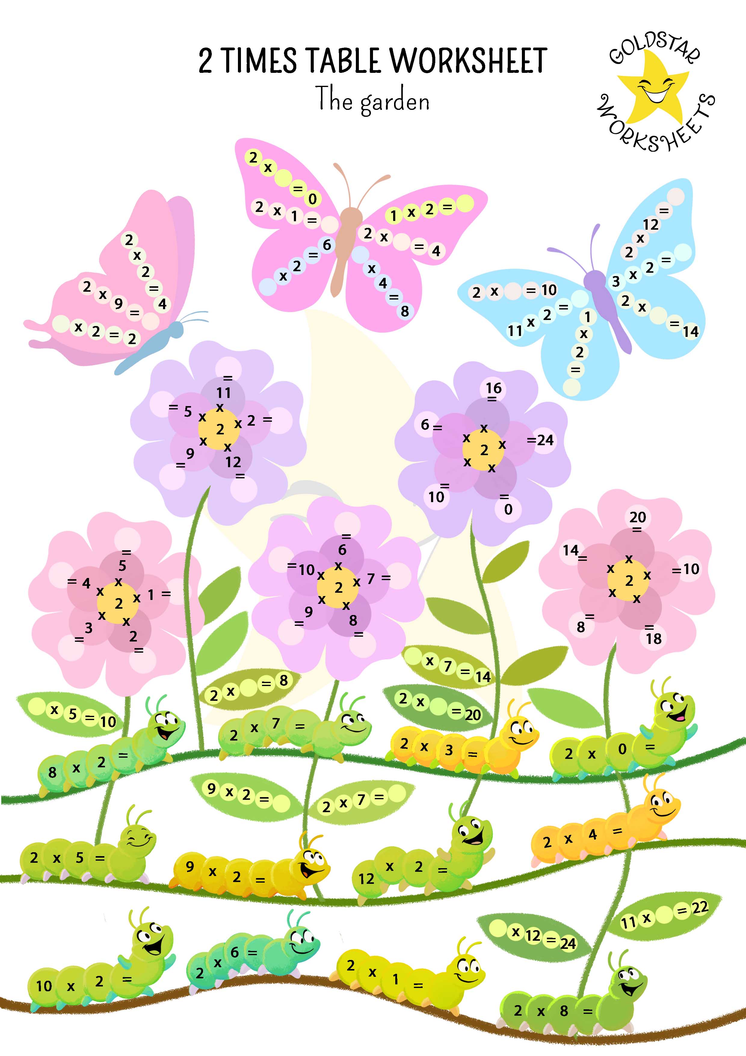 2 times table worksheet with multiple activities in a beautiful garden
