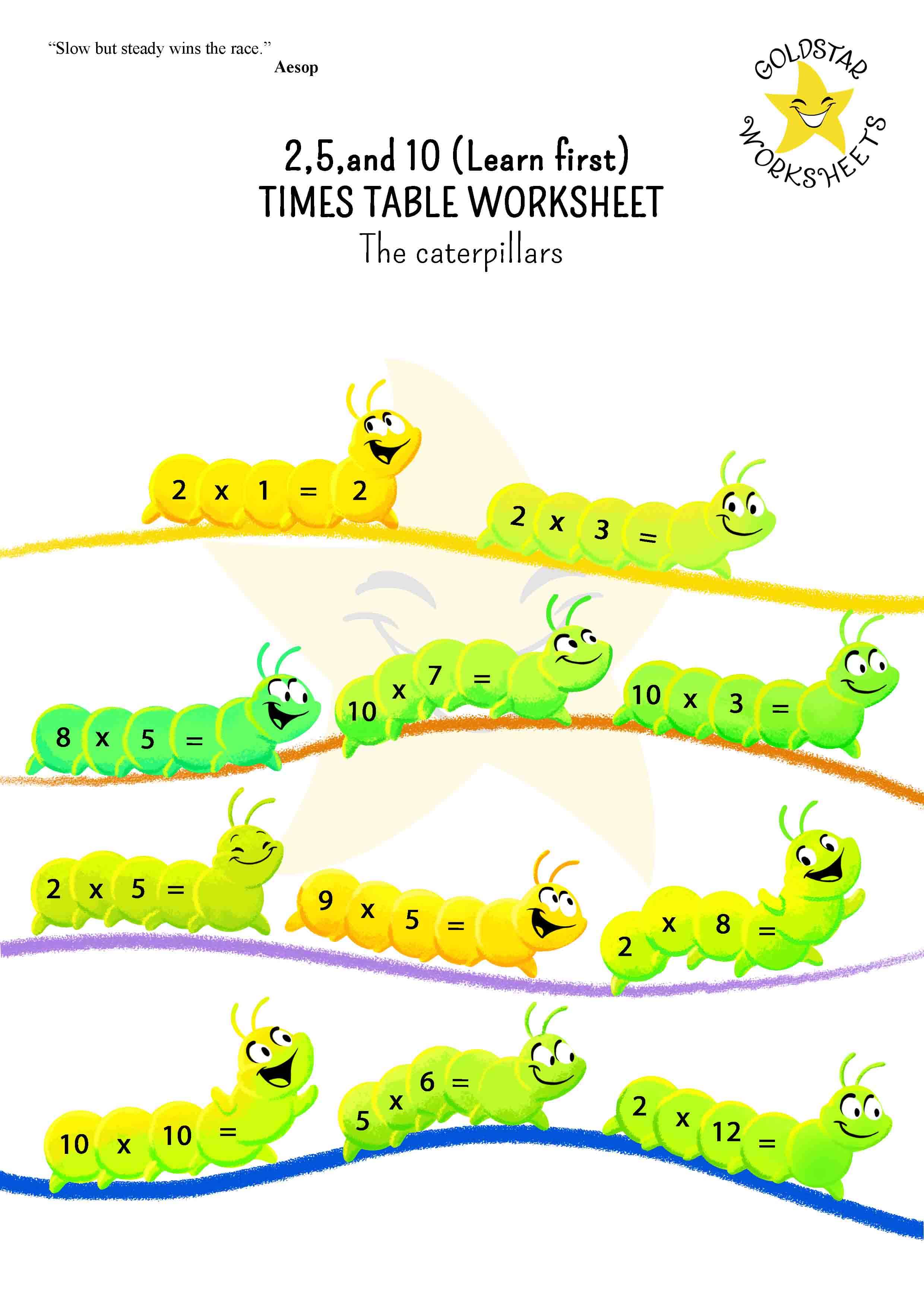 Multiplication sums for 2, 5, and 10 times tables on cute caterpillars
