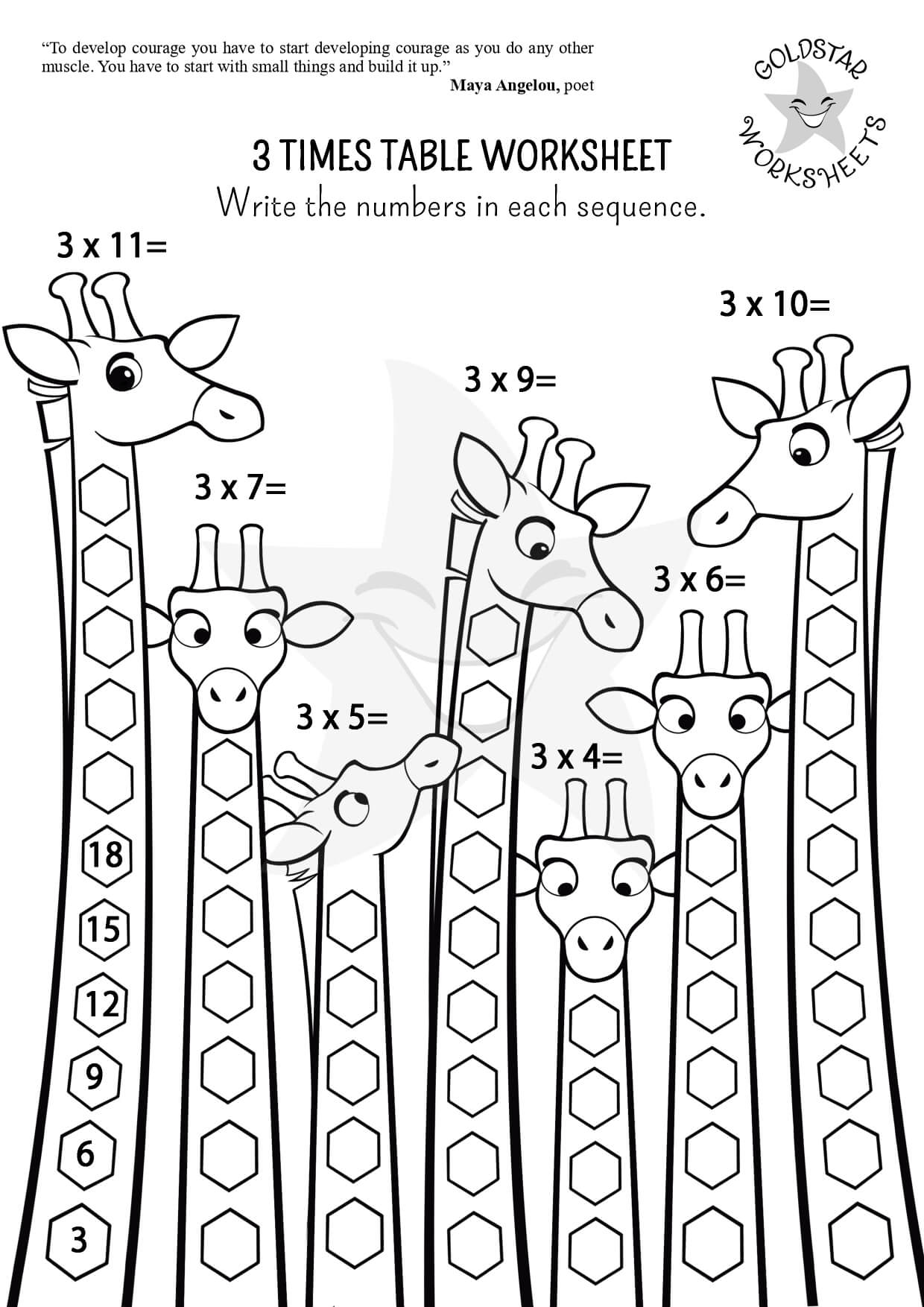 3 times table giraffes - Black and White