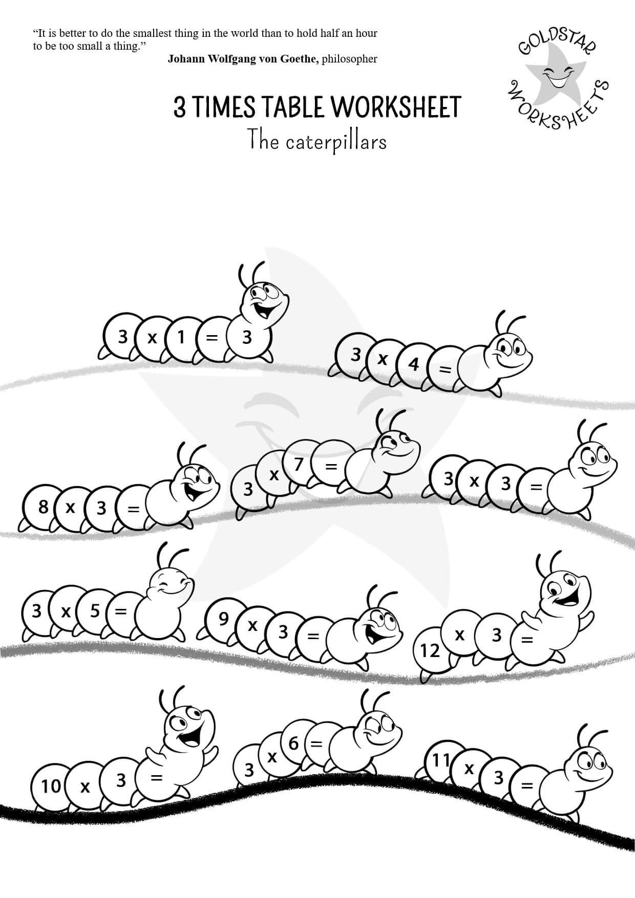 3 times table caterpillars - Black and White