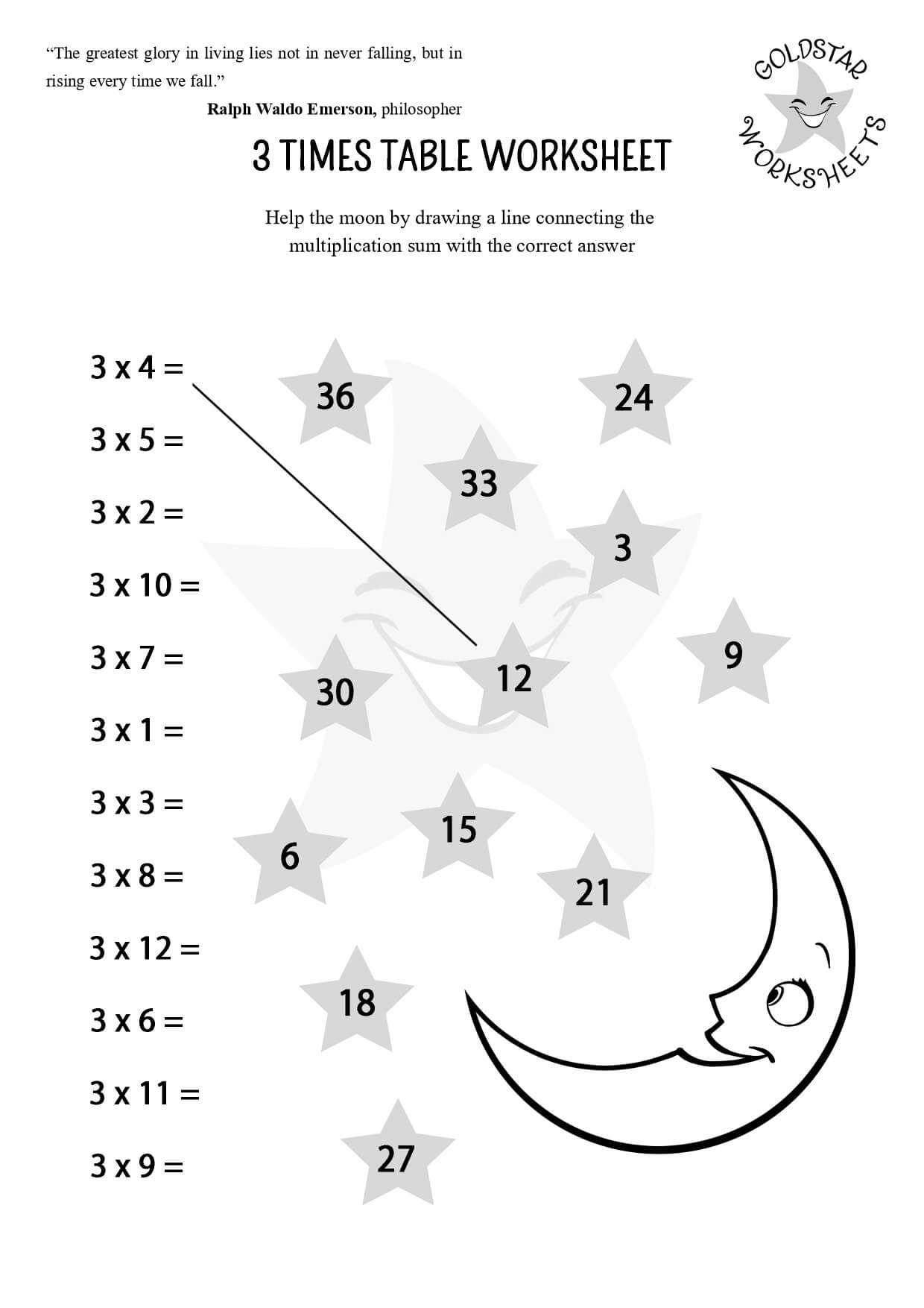 3 Times Table Moon - Black and White
