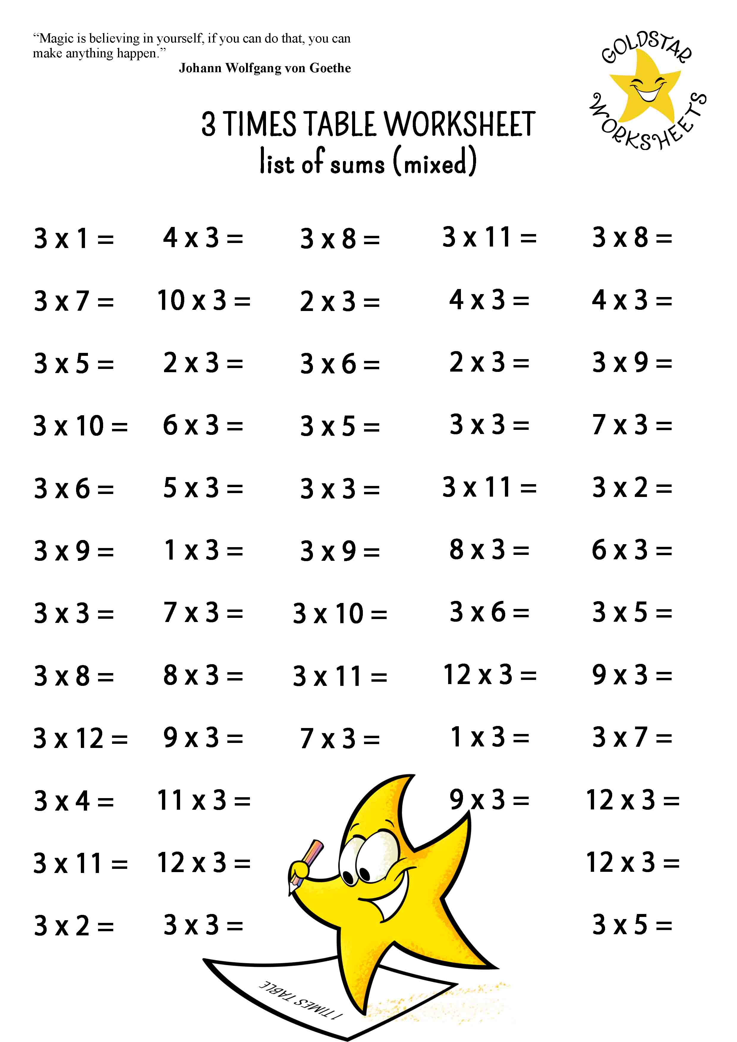 3 times table list of sums (mixed with more problems)