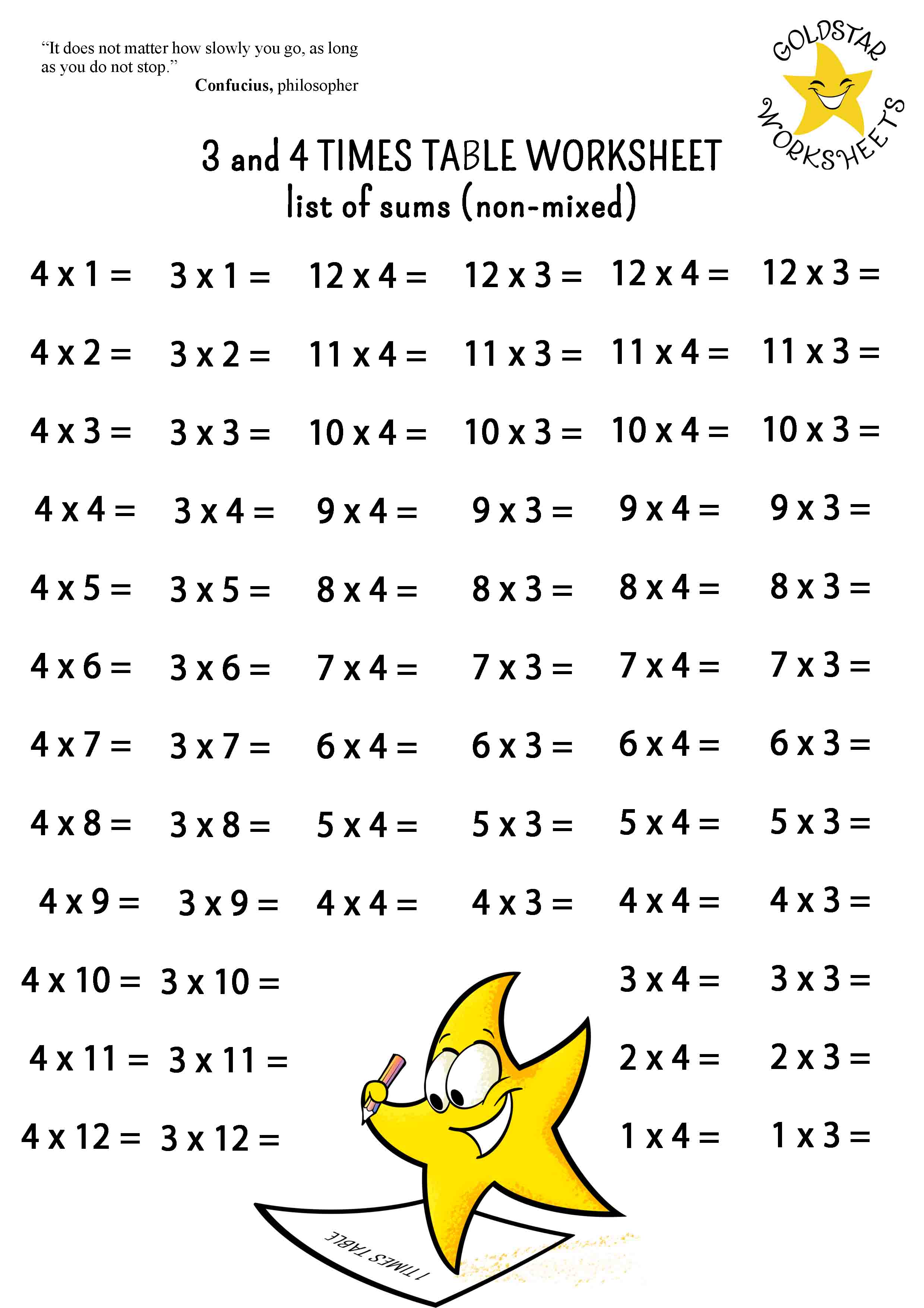 3 & 4 Times Tables on One Page Free Colorful Multiplication Sheets