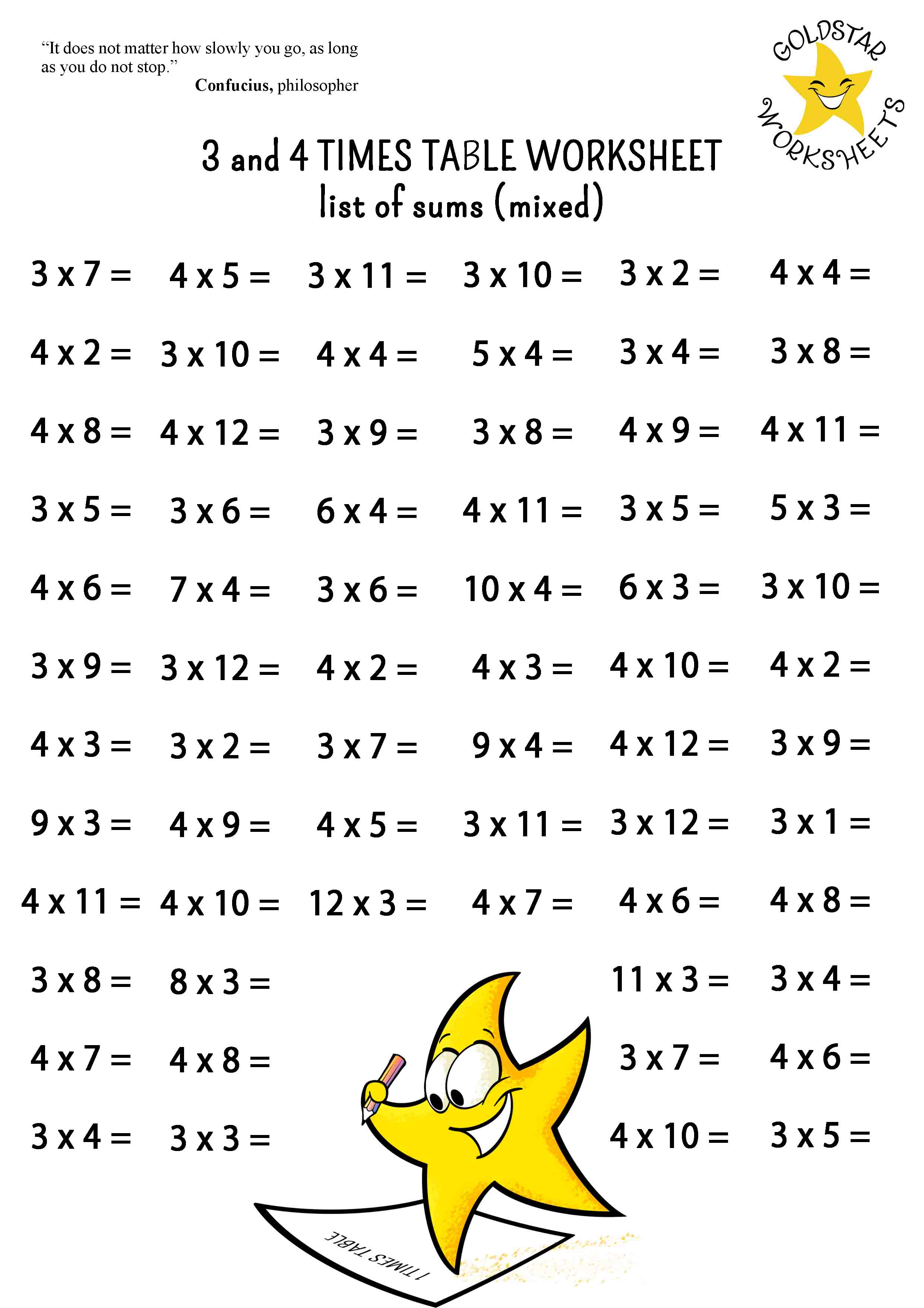 3 and 4 times table list of sums (mixed with more problems)
