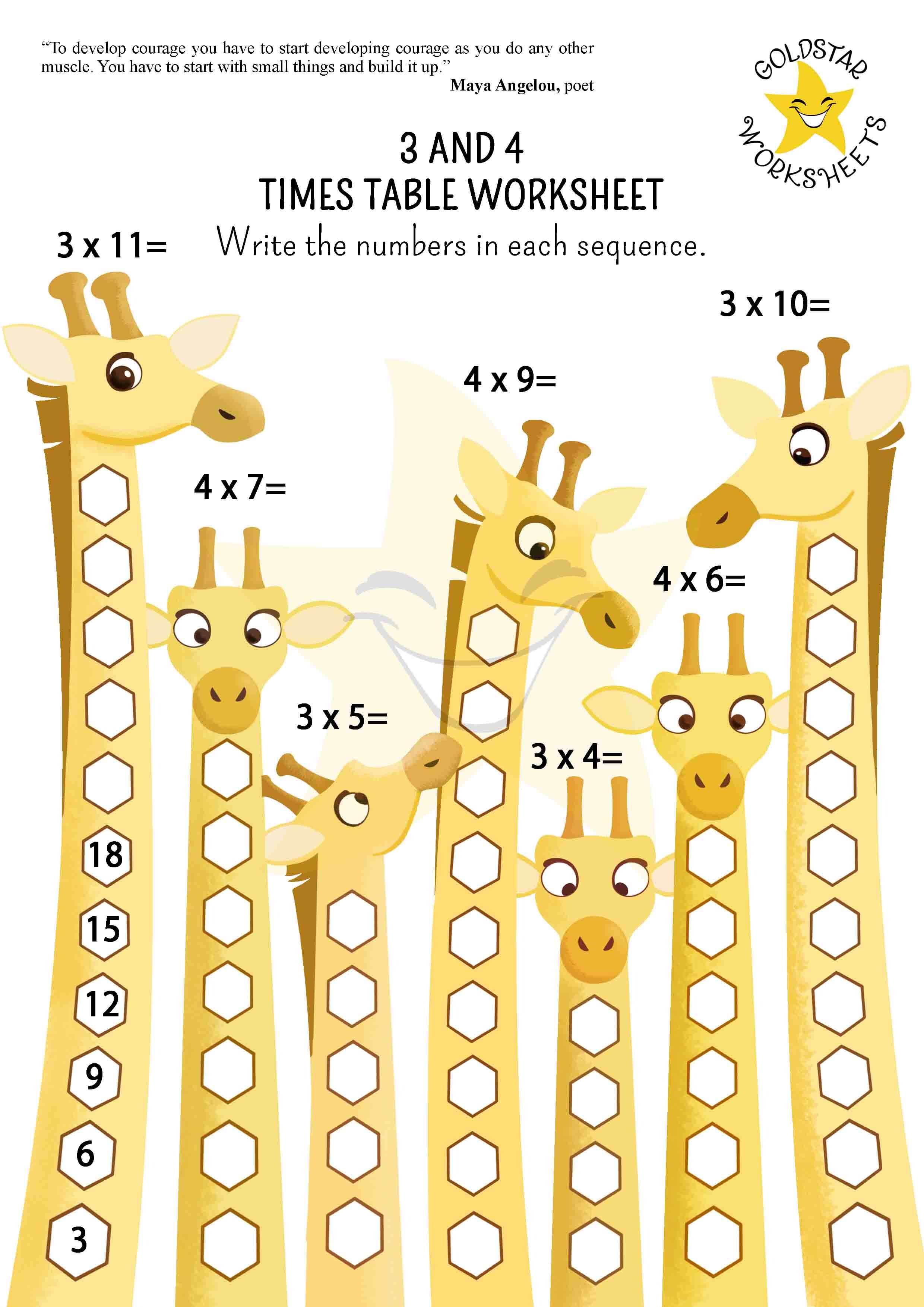 Sequencing worksheet with a family of giraffes for 3 and 4 times tables combined, where kids write numbers on the giraffes' long necks