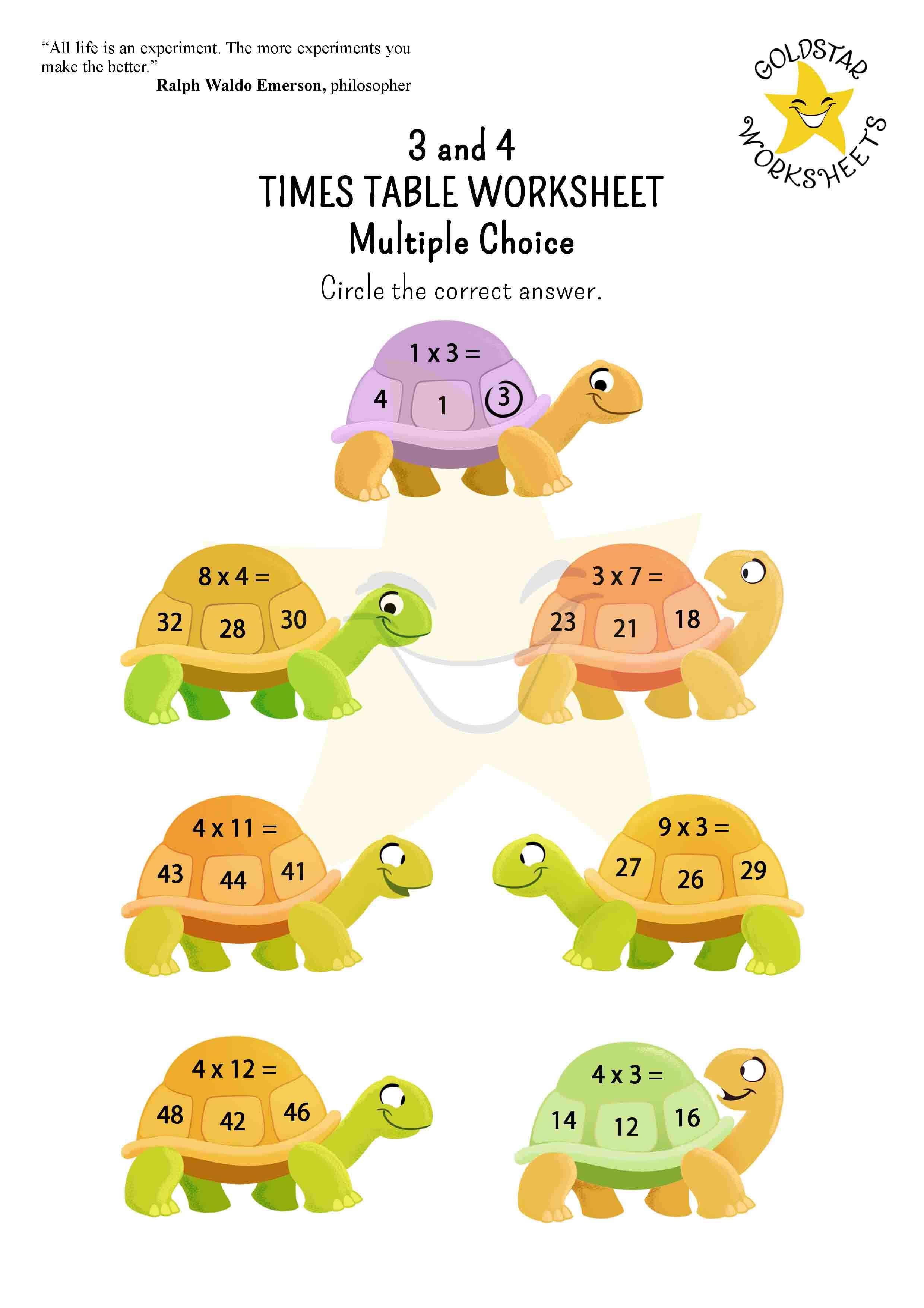 Multiple choice exercise for 3 and 4 times tables where kids circle the correct answer on cute tortoises
