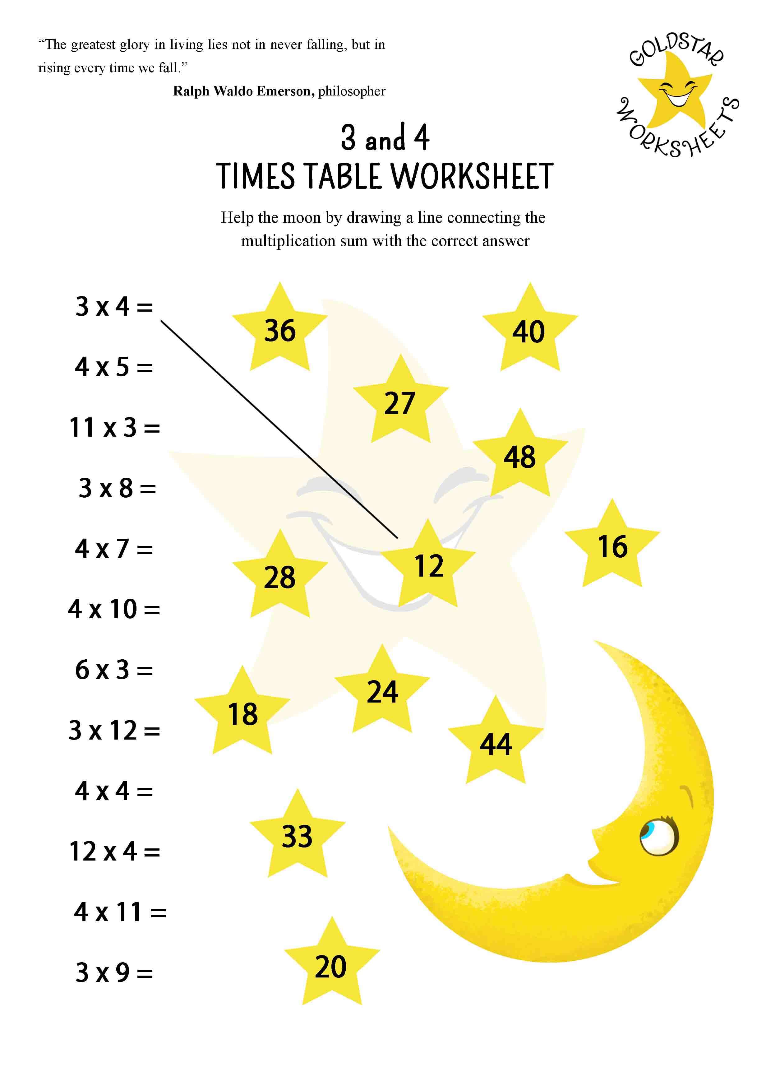 Matching exercise for 3 and 4 times tables where kids draw a line between multiplication questions and the correct stars