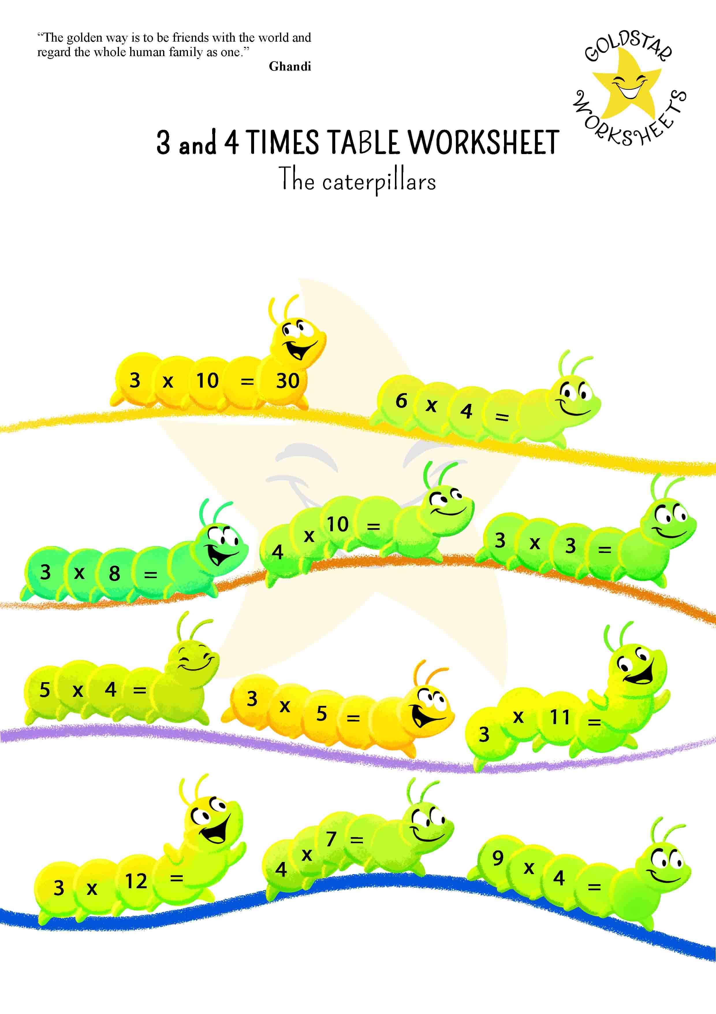 Multiplication sums for 3 and 4 times tables on cute caterpillars