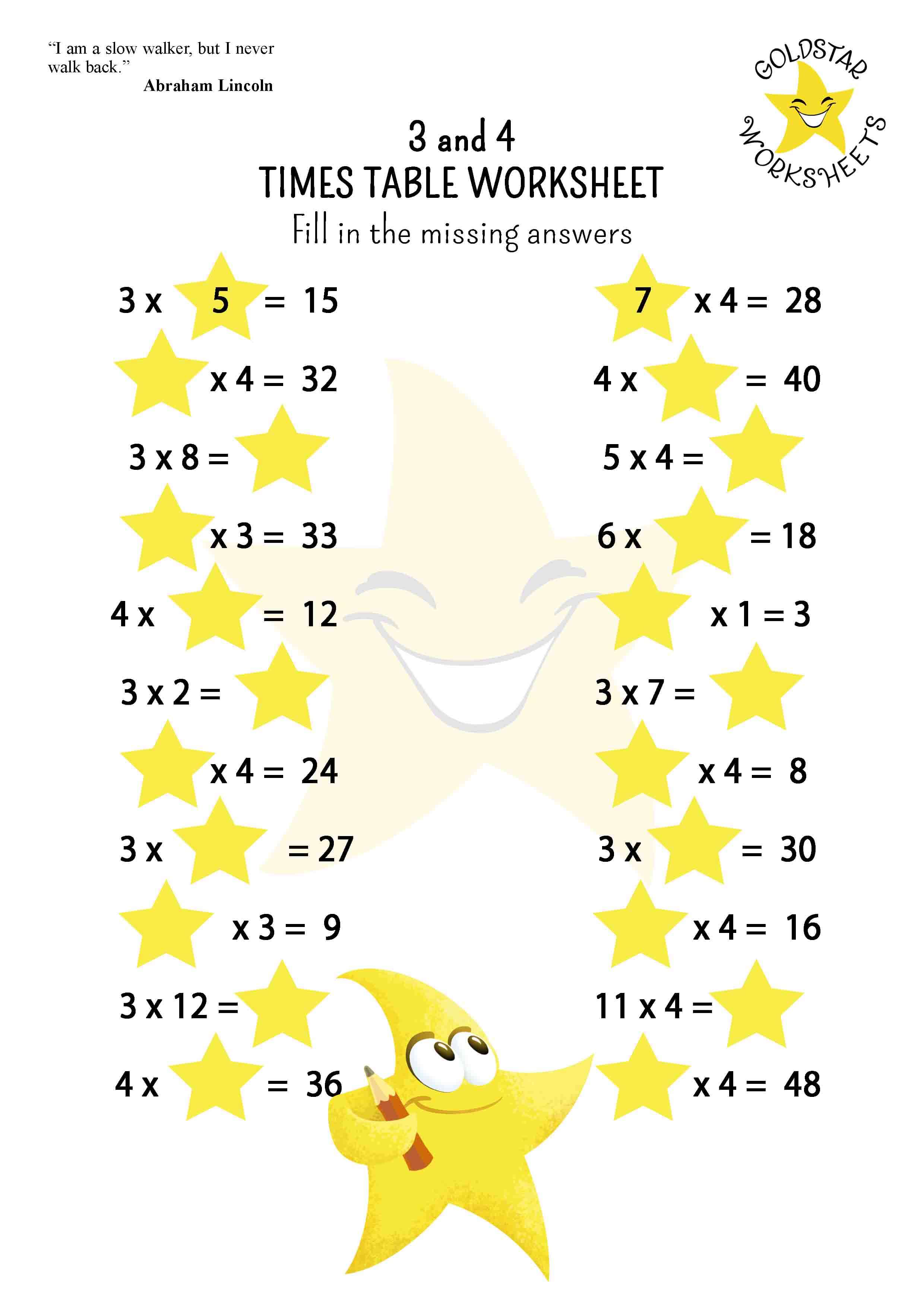 Fill in the missing answers worksheet for 3 and 4 times tables, where students complete the multiplication problems with the correct answers