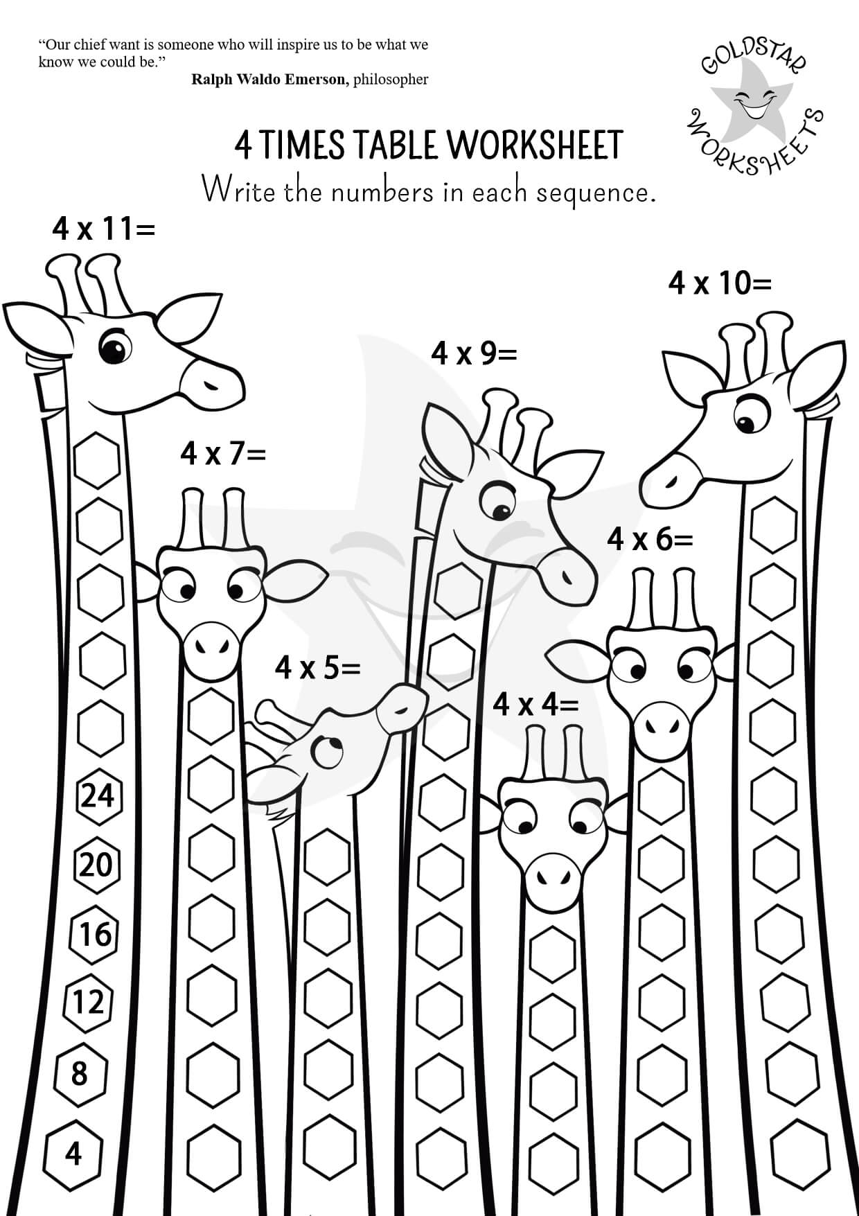 4 times table giraffes - Black and White