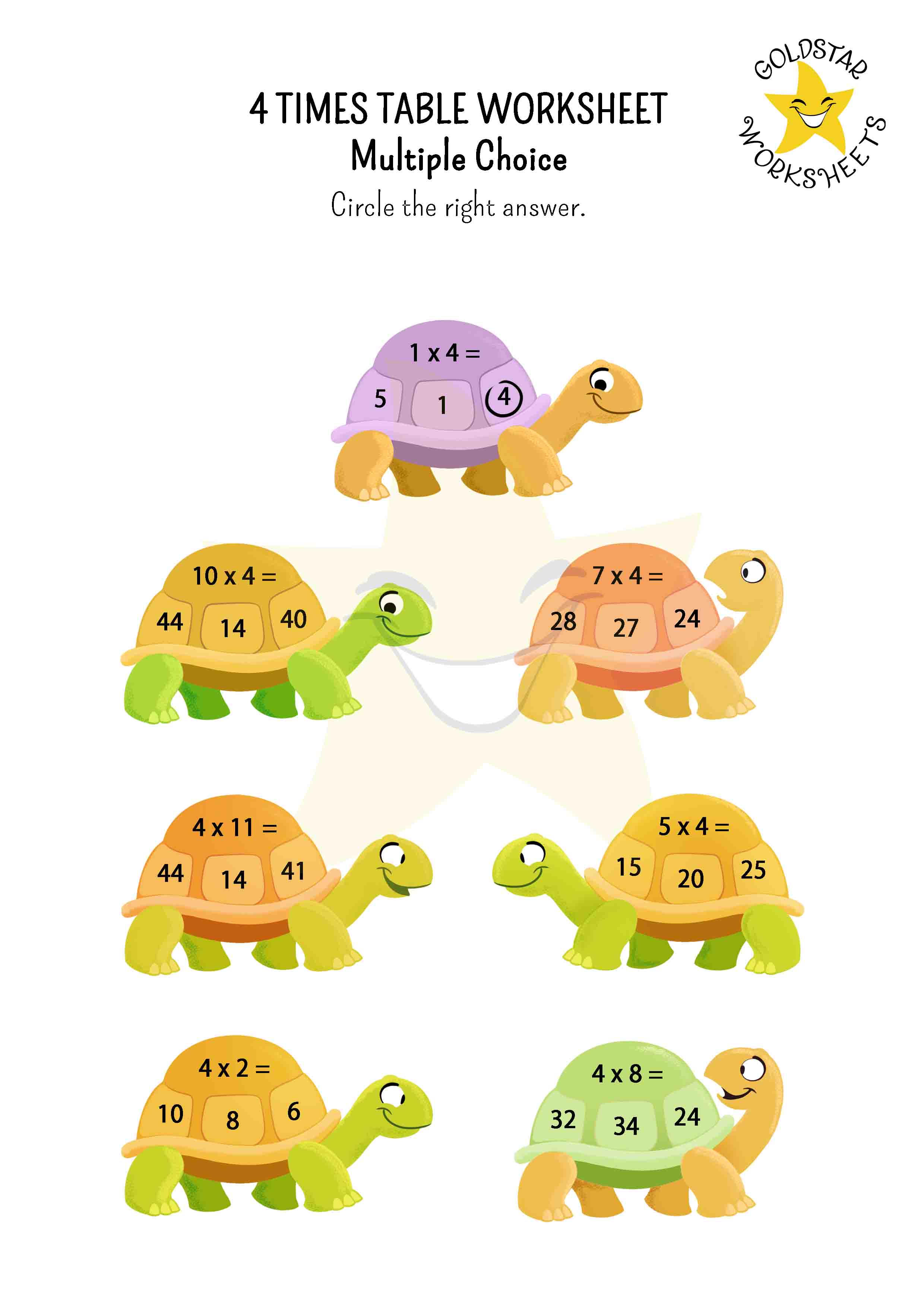 4 times table tortoises (multiple choice)