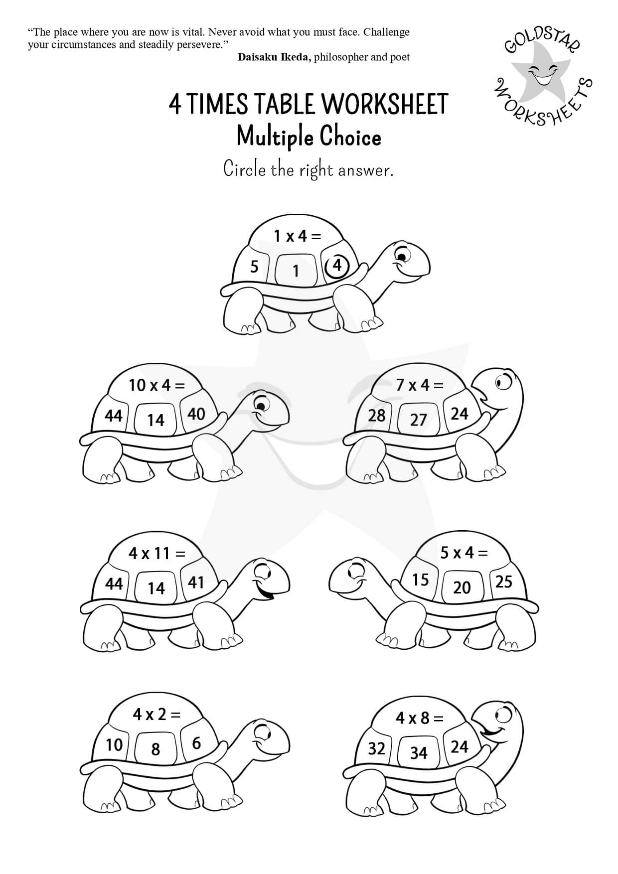 4 times table tortoises (multiple choice, black and white version)