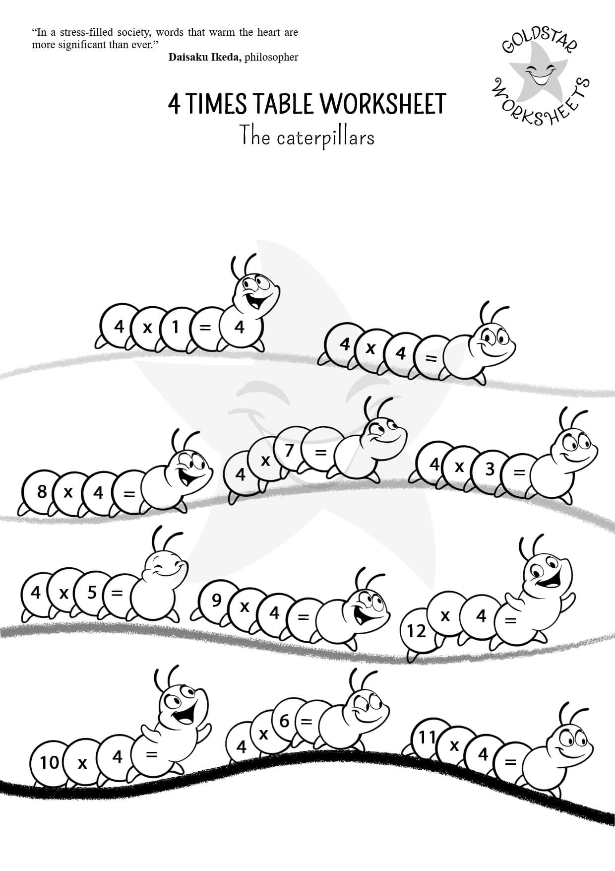 4 times table caterpillars (Black and White version)