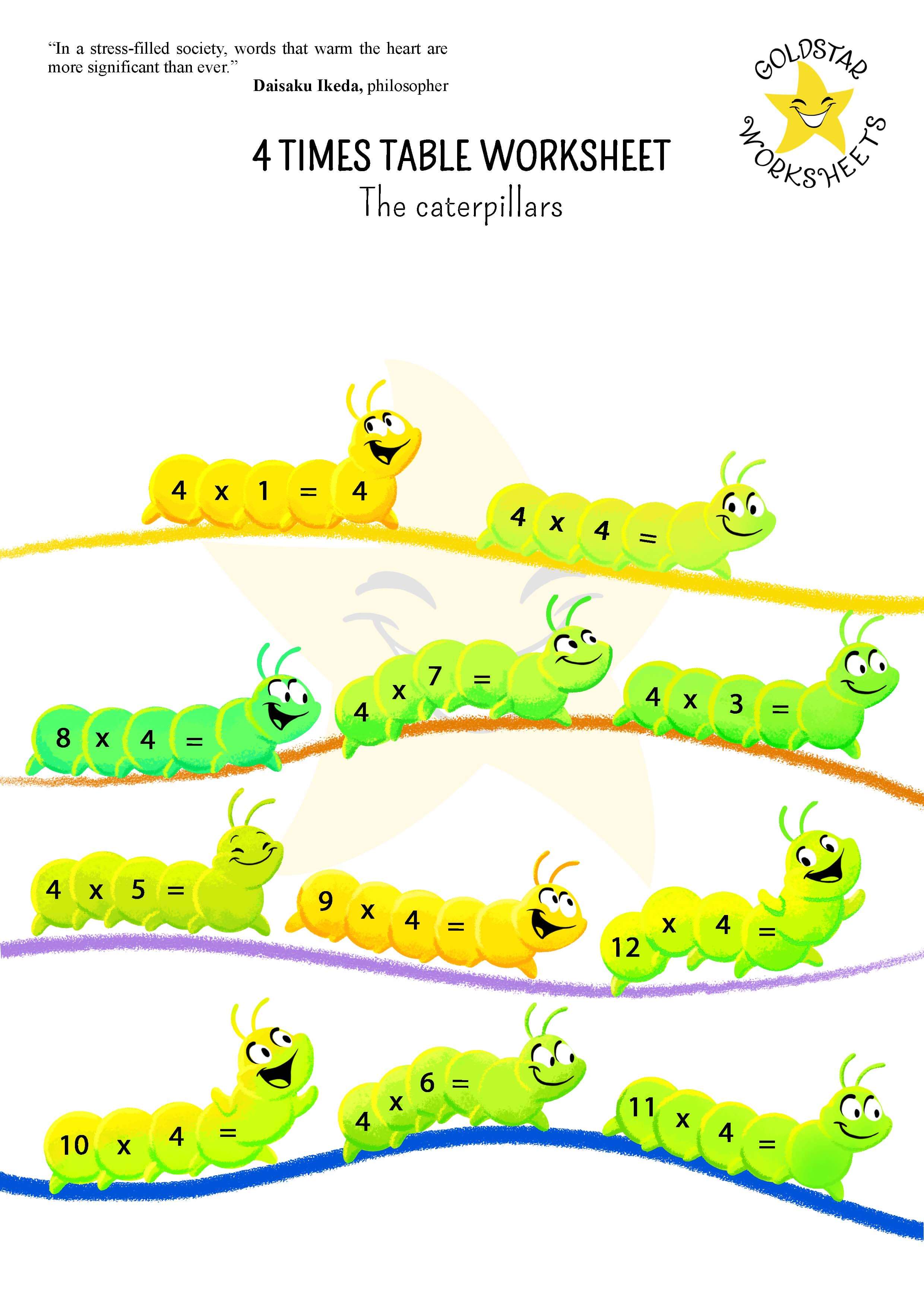4 times table problems on cute caterpillars