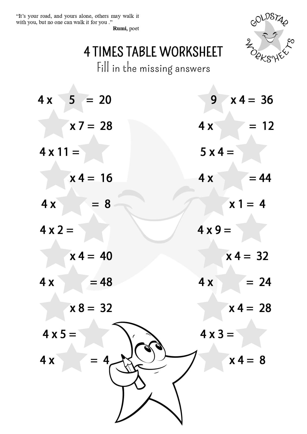 4 times table missing answers worksheet - Black and White Version