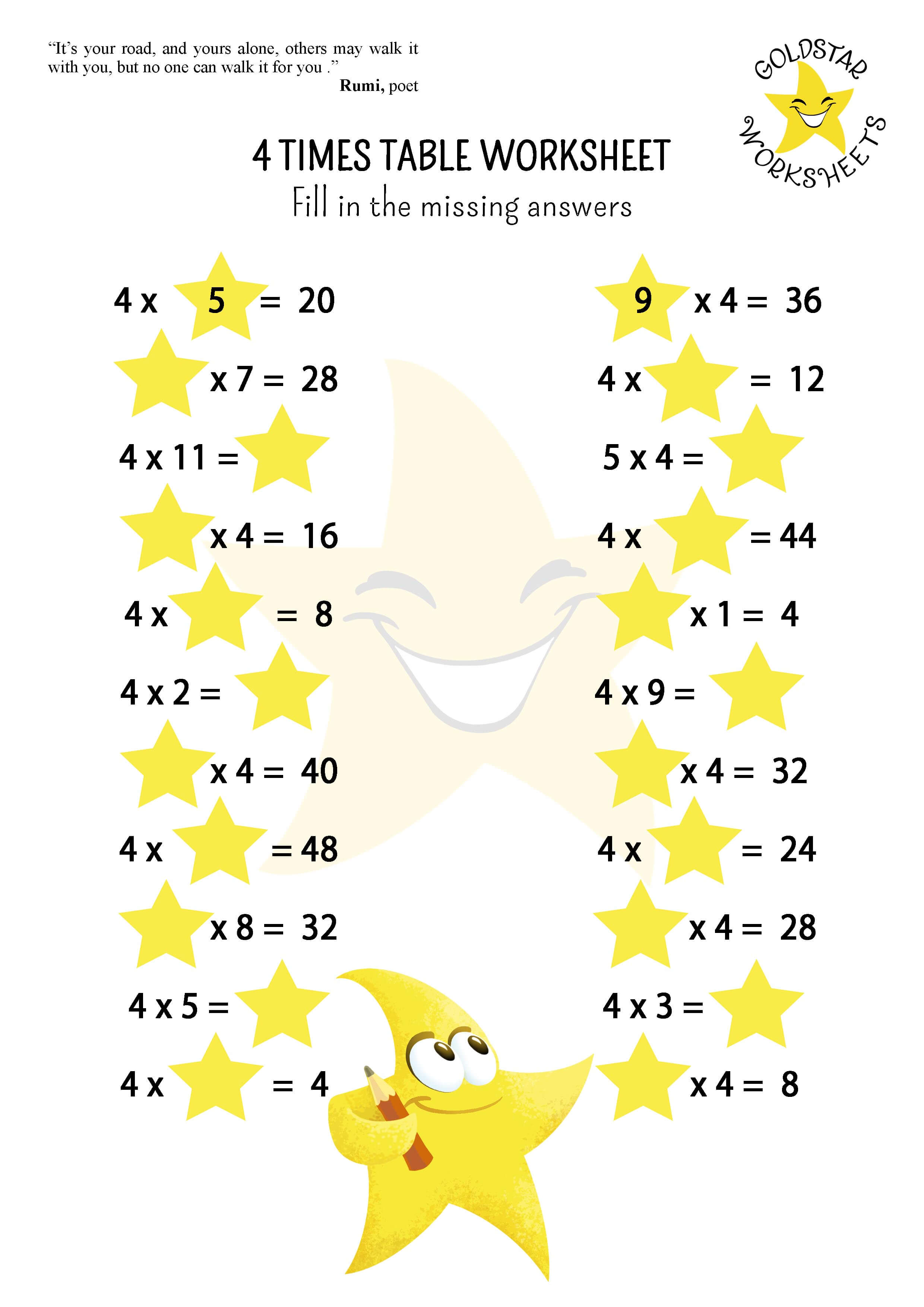 4 times table missing answers worksheet