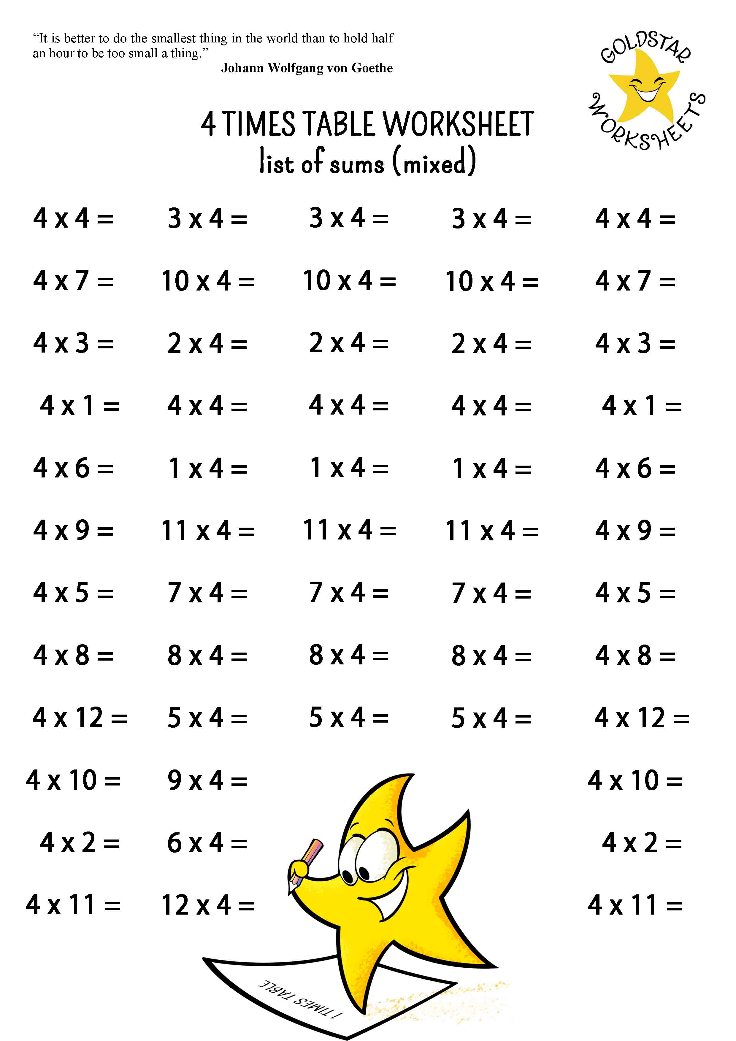 4 times table list of sums (mixed, more sums)