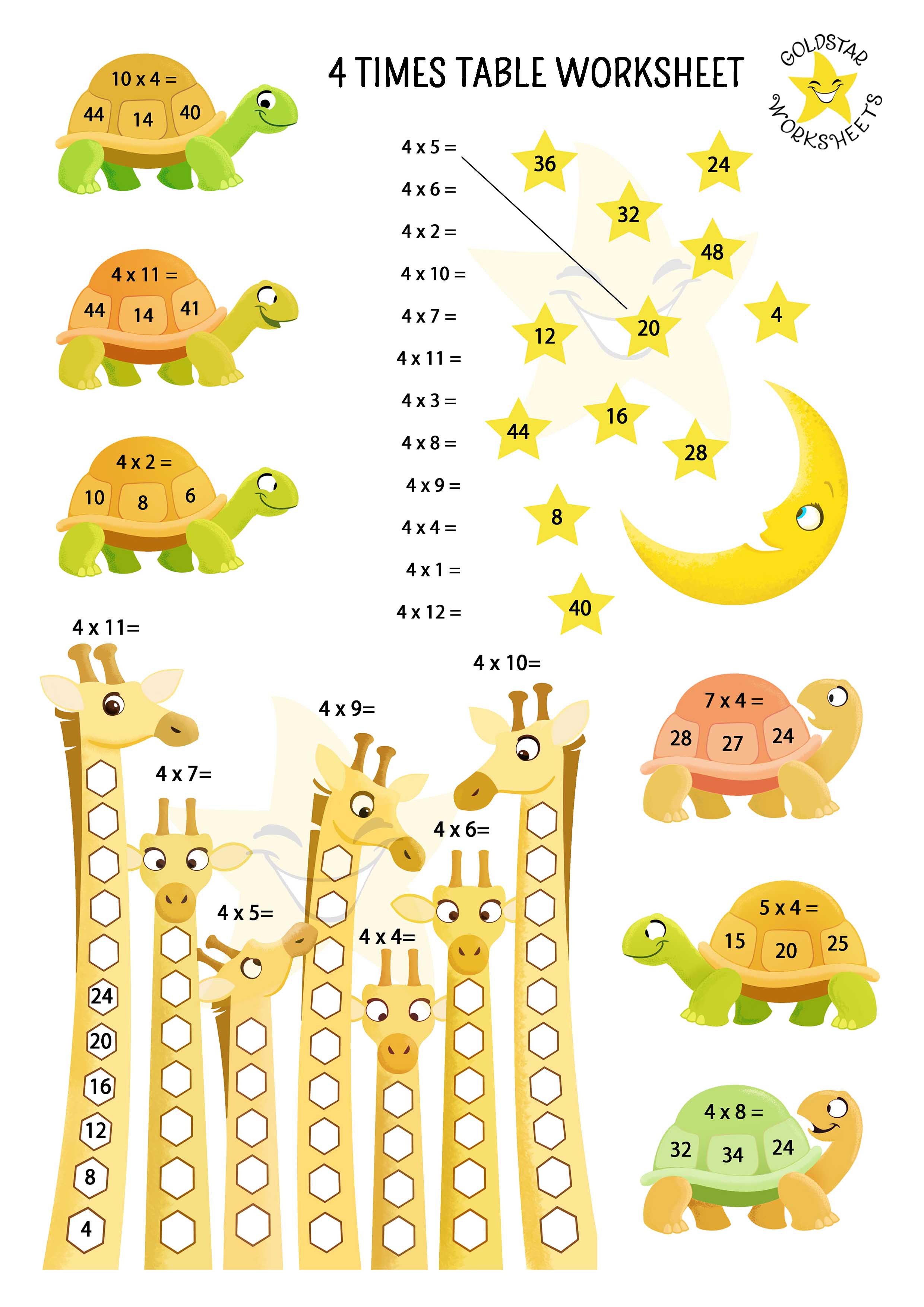 4 times table worksheet with multiple activities