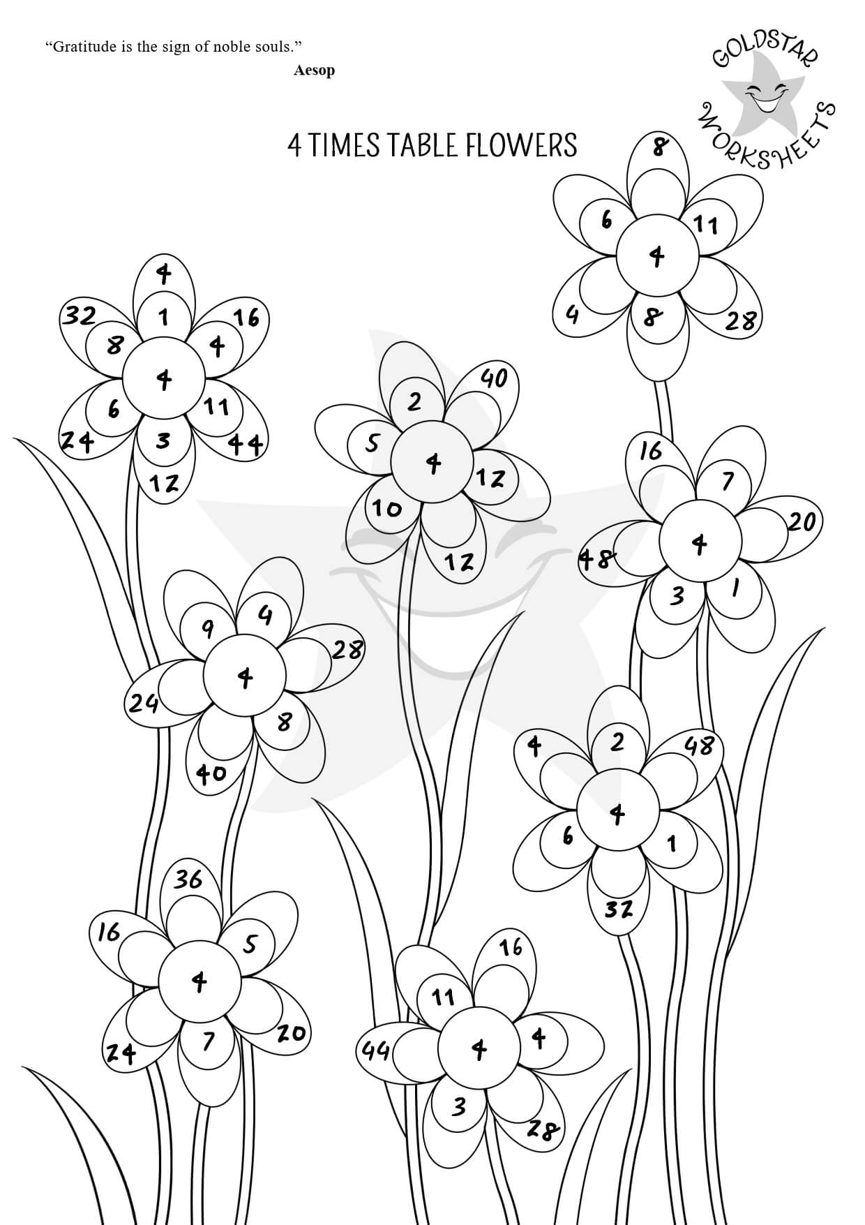 4 times table flowers - Black and White Version