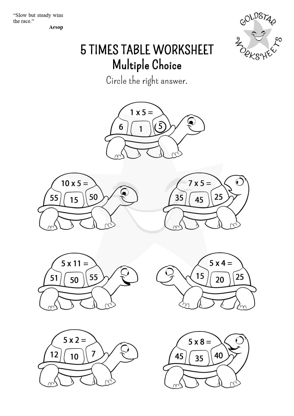 5 times table tortoises (multiple choice) - Black and White