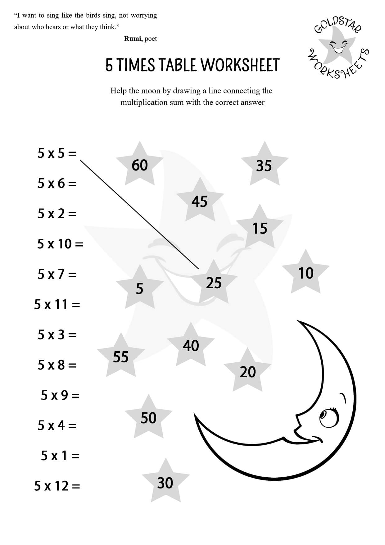 5 times table moon worksheet - Black and White