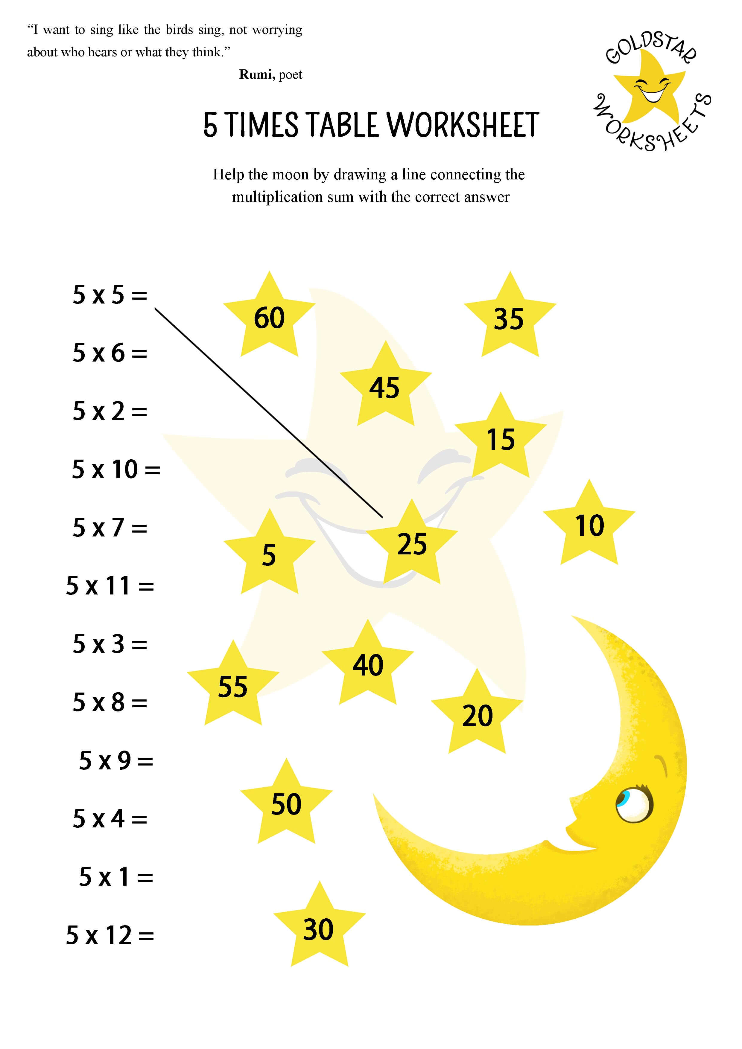 5 times table moon worksheet