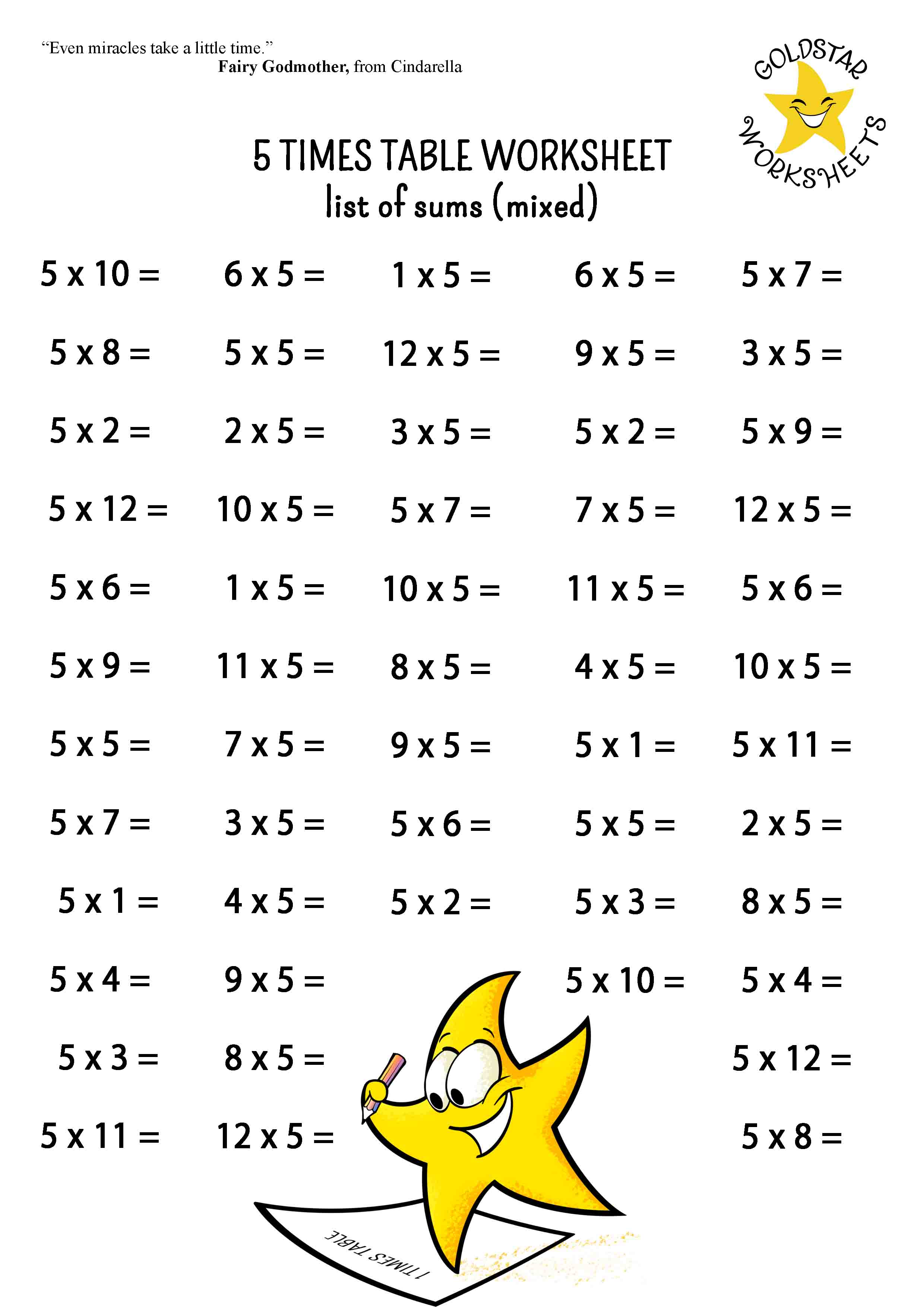 5 times table list of sums (mixed, extra sums)