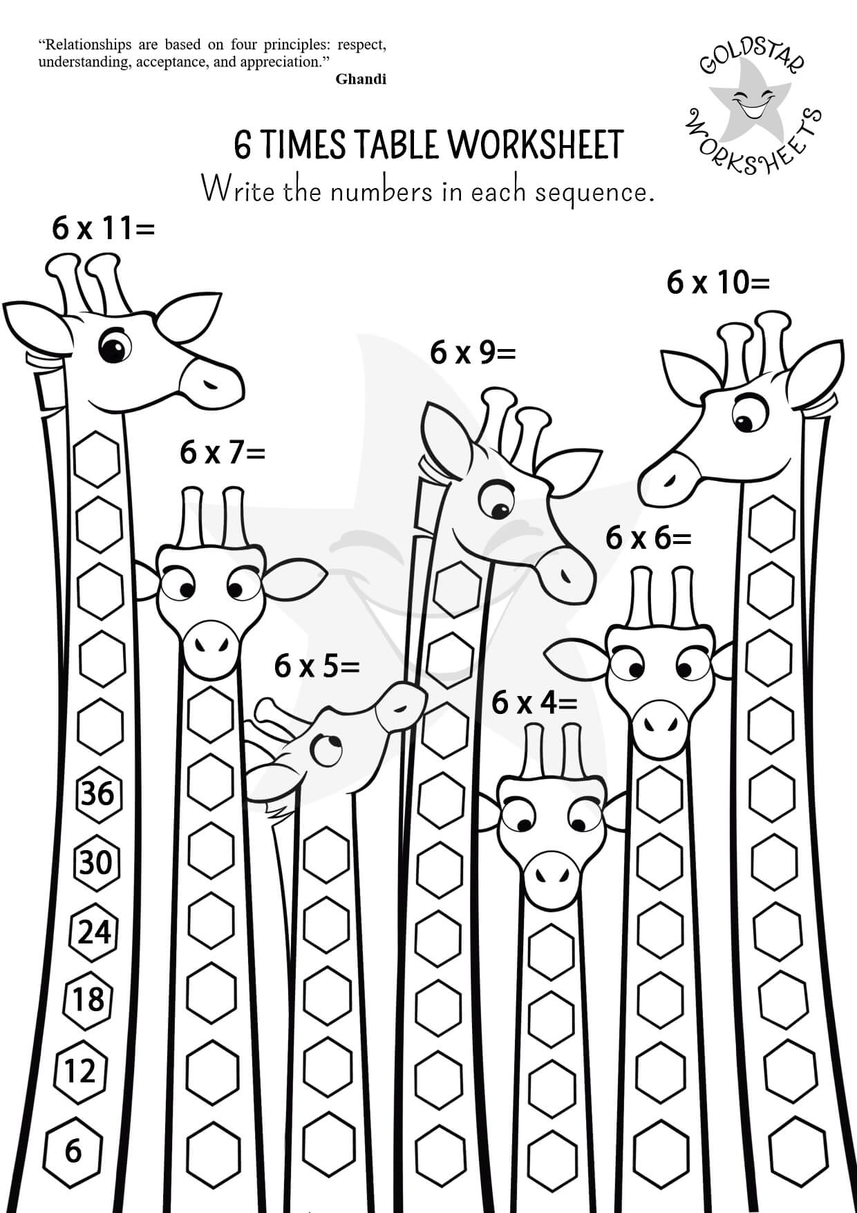 6 times table giraffes - Ink Saving Black and White Version