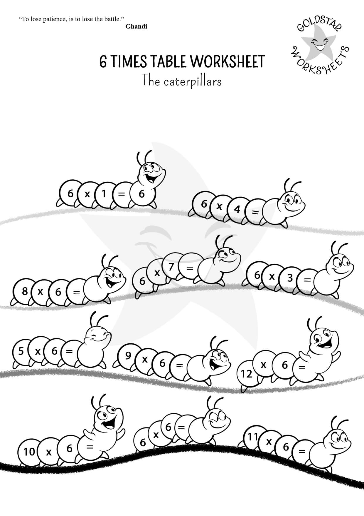 6 times table caterpillars - Black and White version