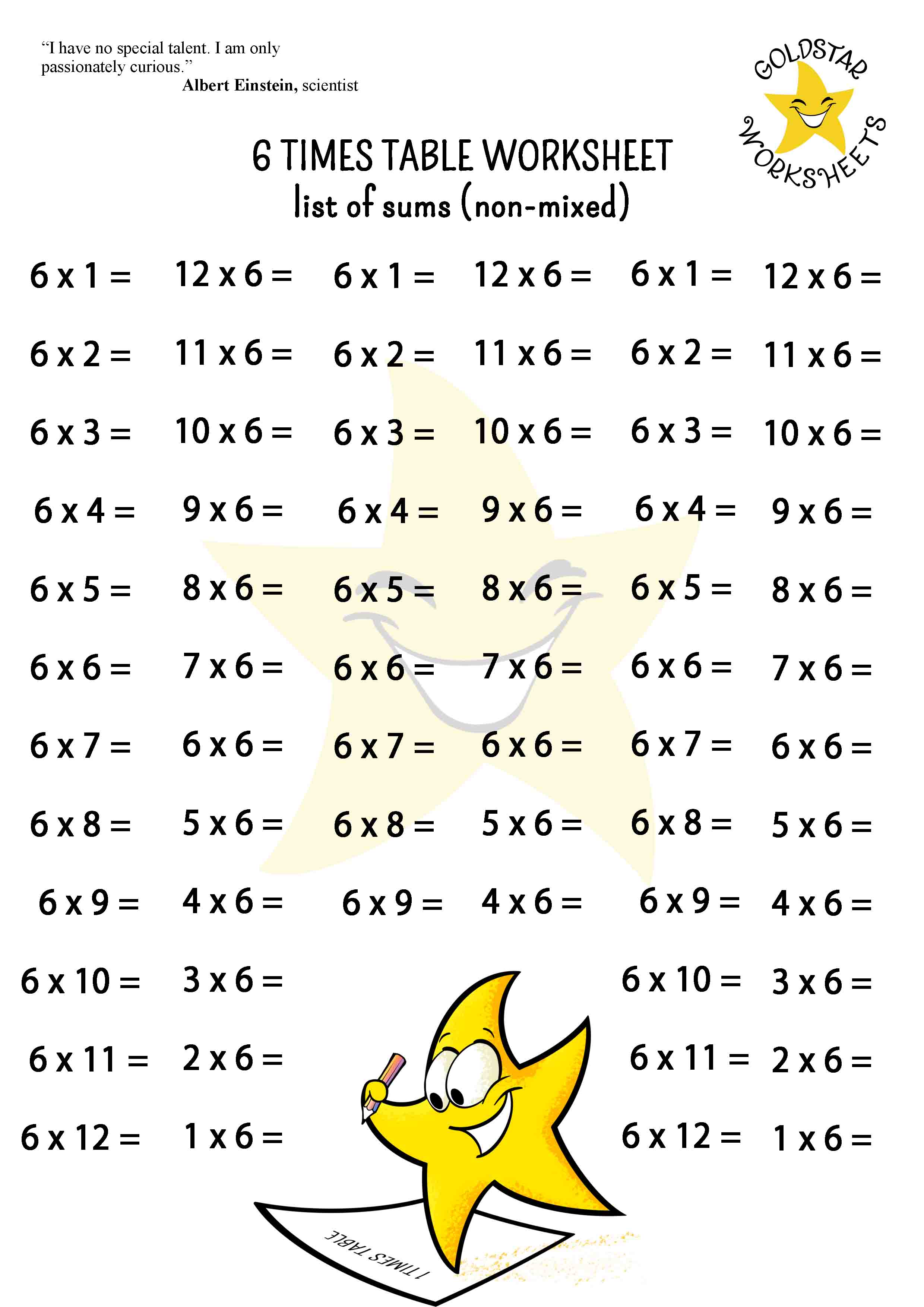 6 times table list of sums (unmixed, more sums)