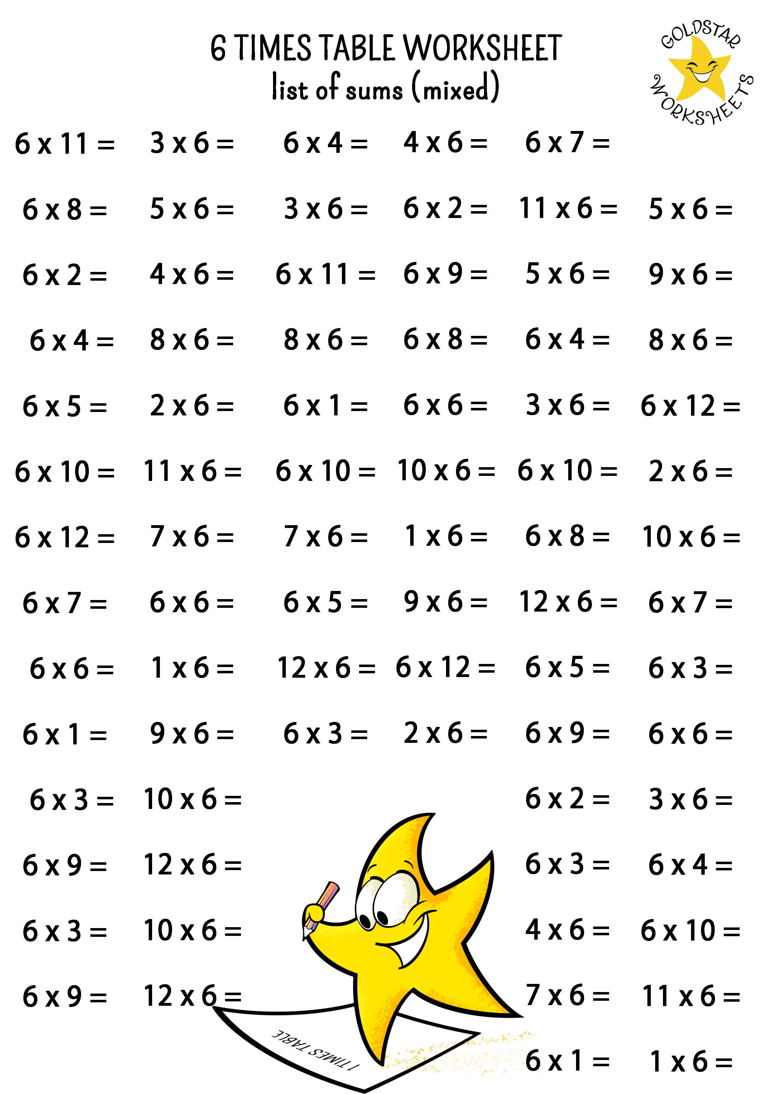 6 times table list of sums (mixed)