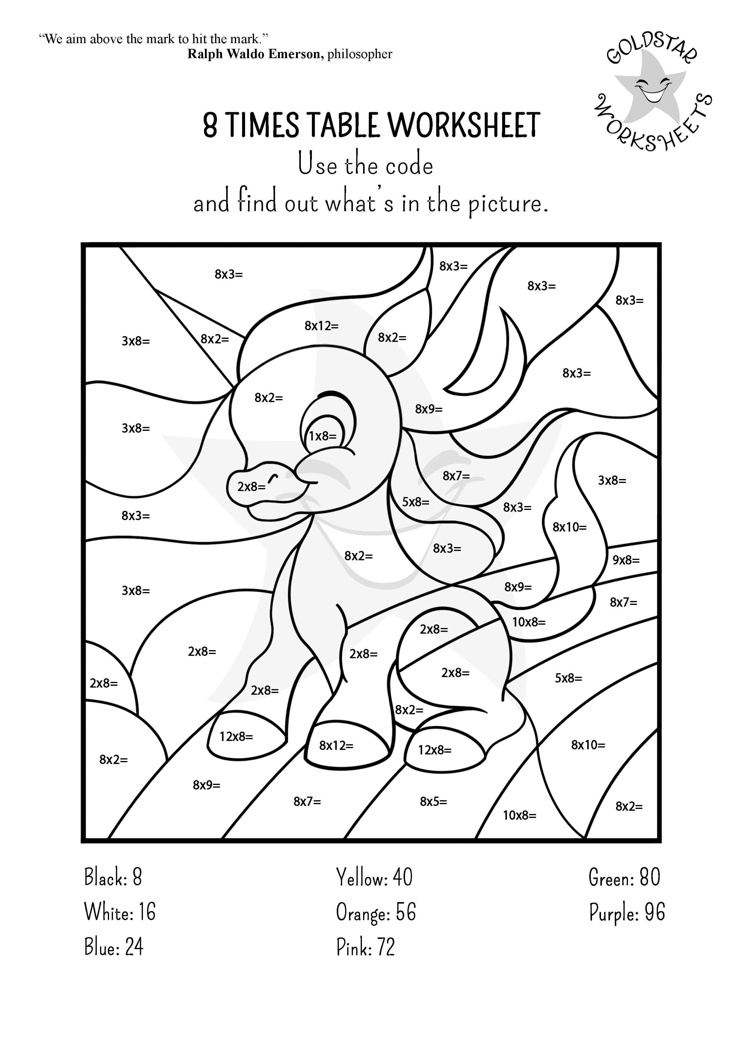 8 times table 'reveal the picture' worksheet - Color by Multiplication - Black and White