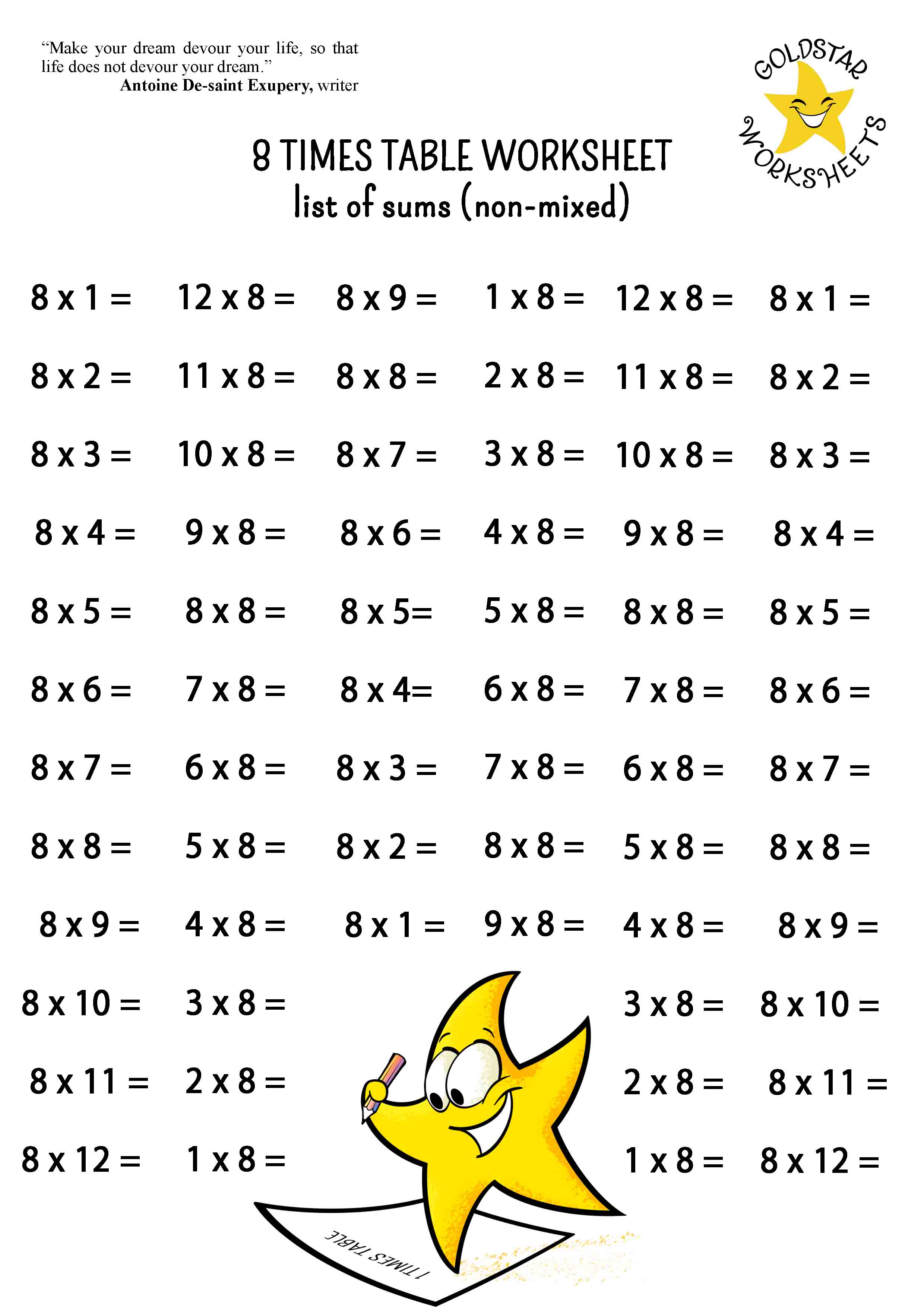Multiplication Worksheets 8 Times Tables Jenny Printable