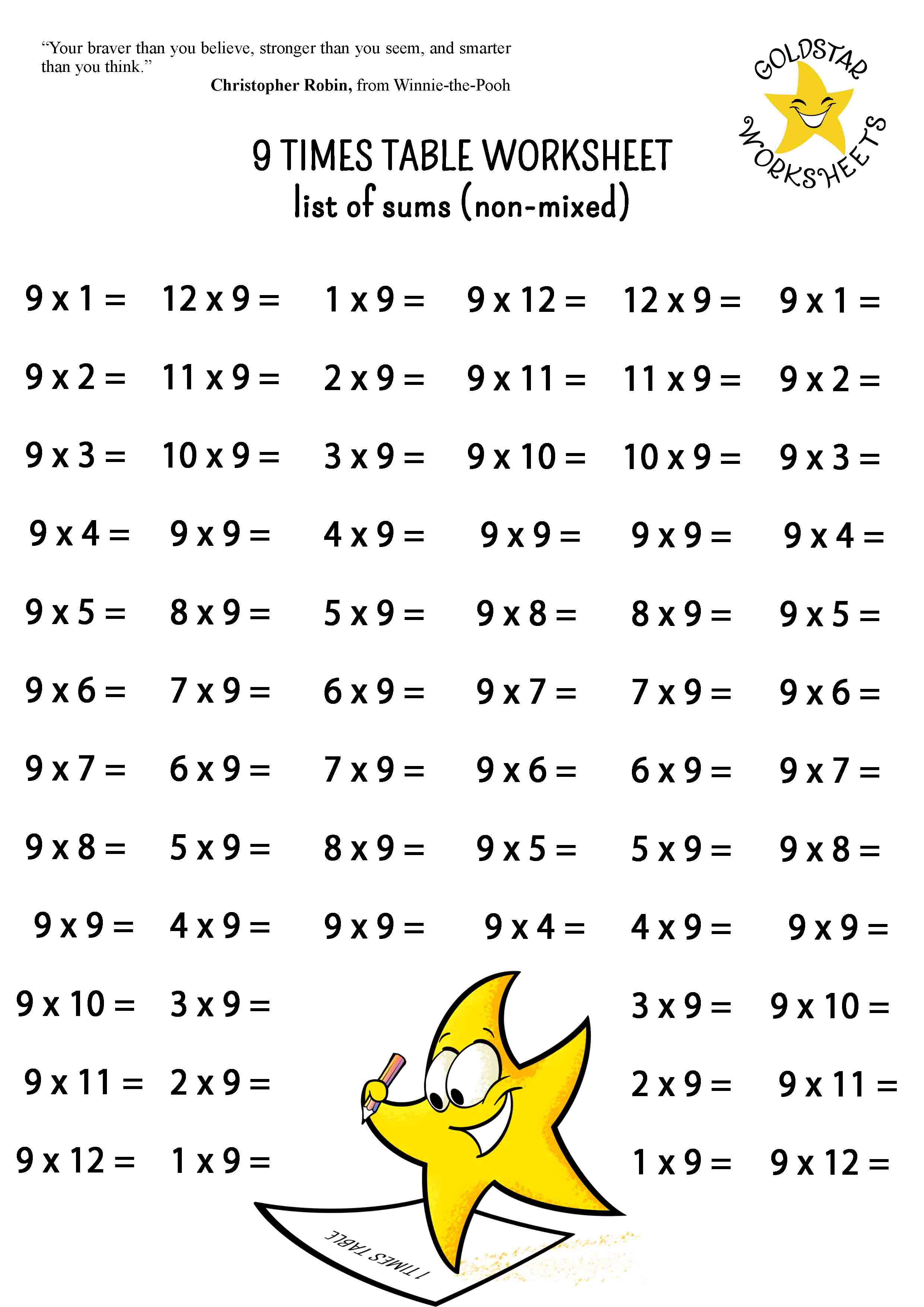 9 times table basic list of sums (un-mixed, extra sums)