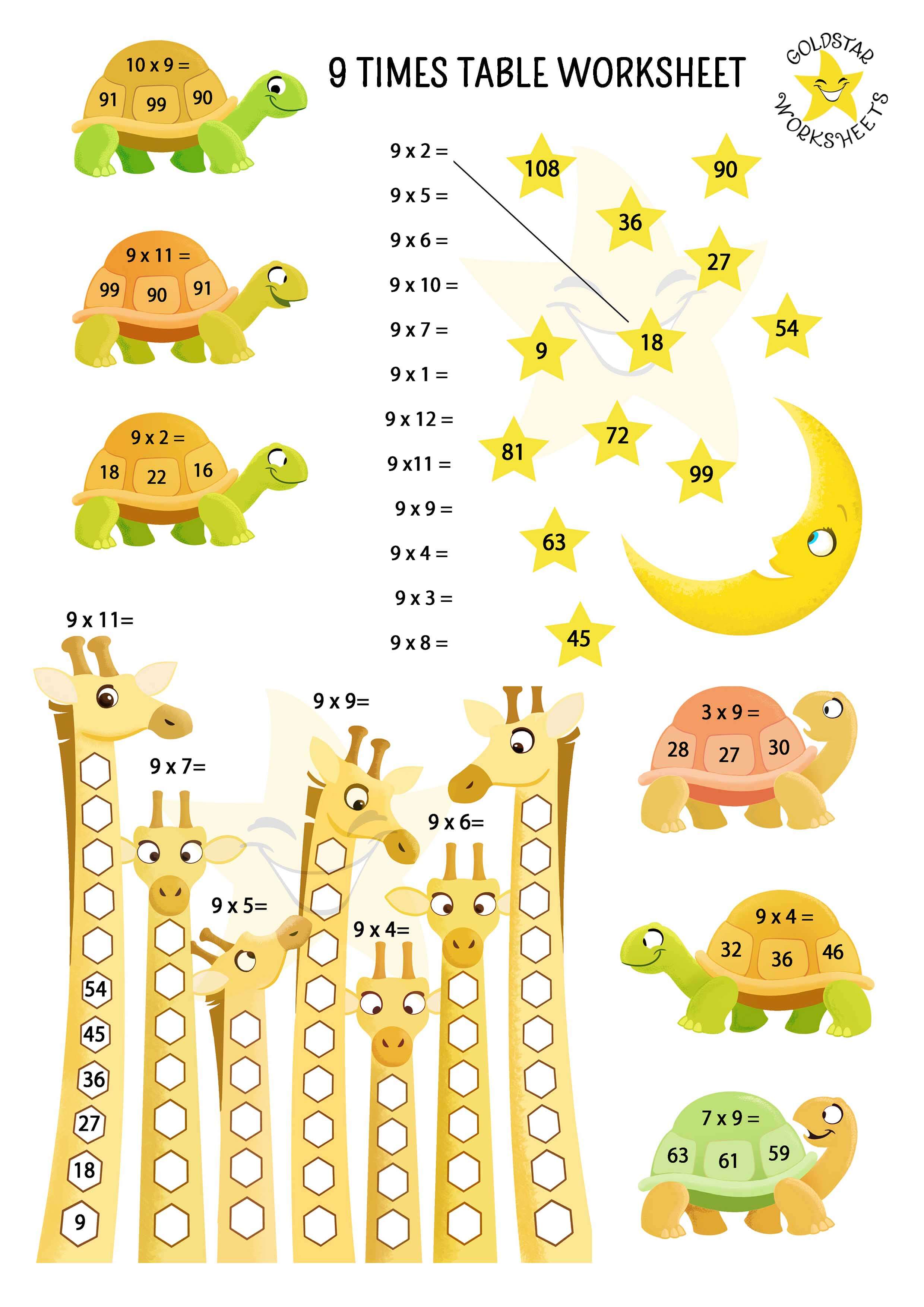 Free 9 times table worksheets! Includes colorful cartoon designs, color-your-own sheets, and simple practice. No sign-up needed—download and learn today!