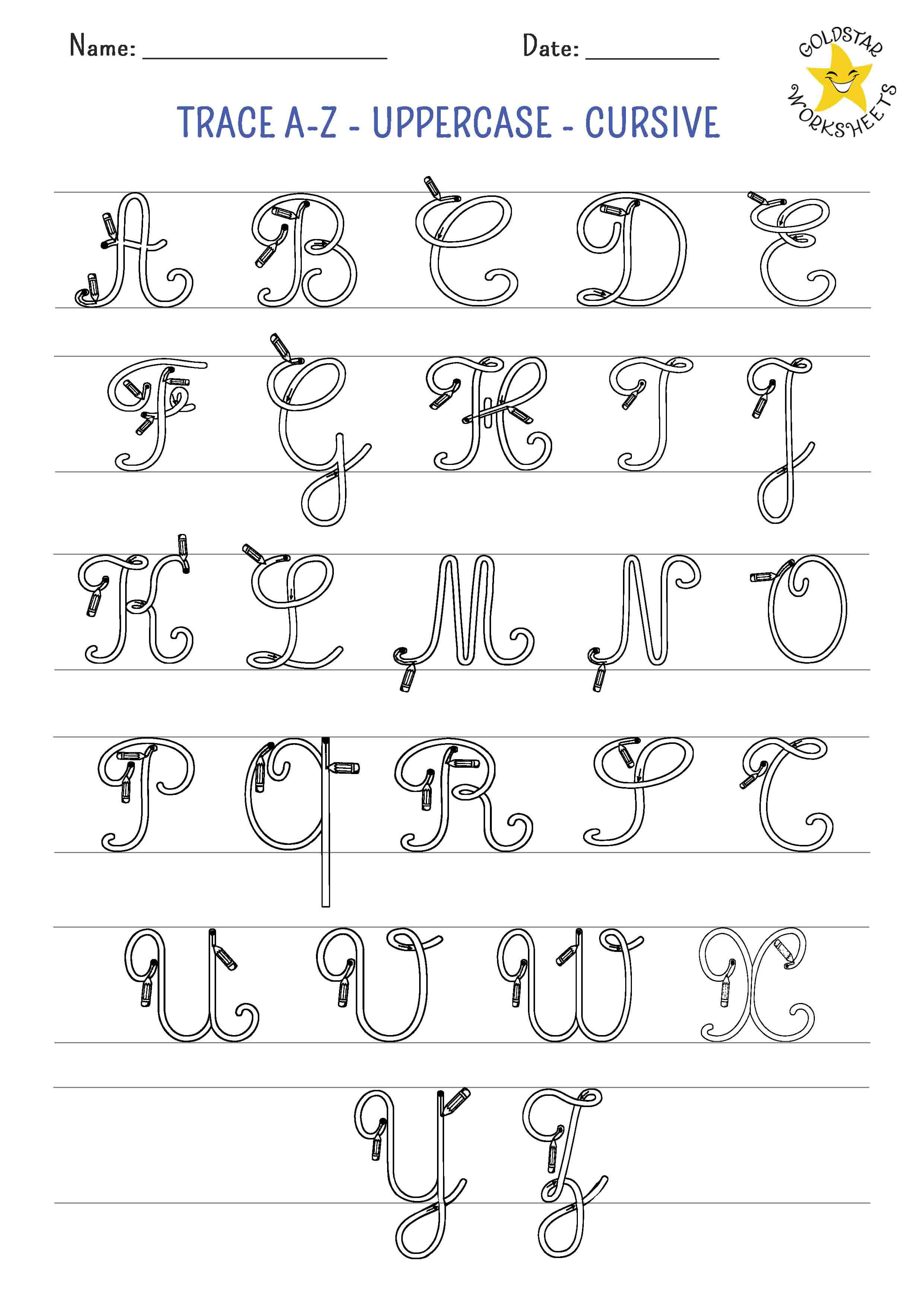 Free printable worksheet for tracing uppercase cursive letters A to Z. Ideal for kids learning cursive handwriting.