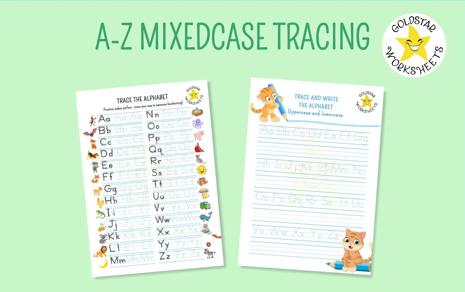 Selection of A-Z on a single page worksheets combining upper and lowercase tracing