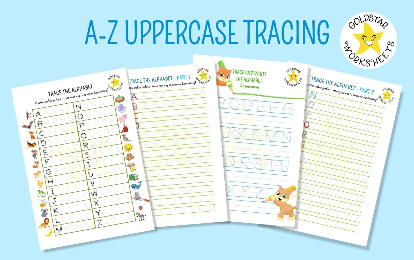 Selection of A-Z on one page tracing worksheets