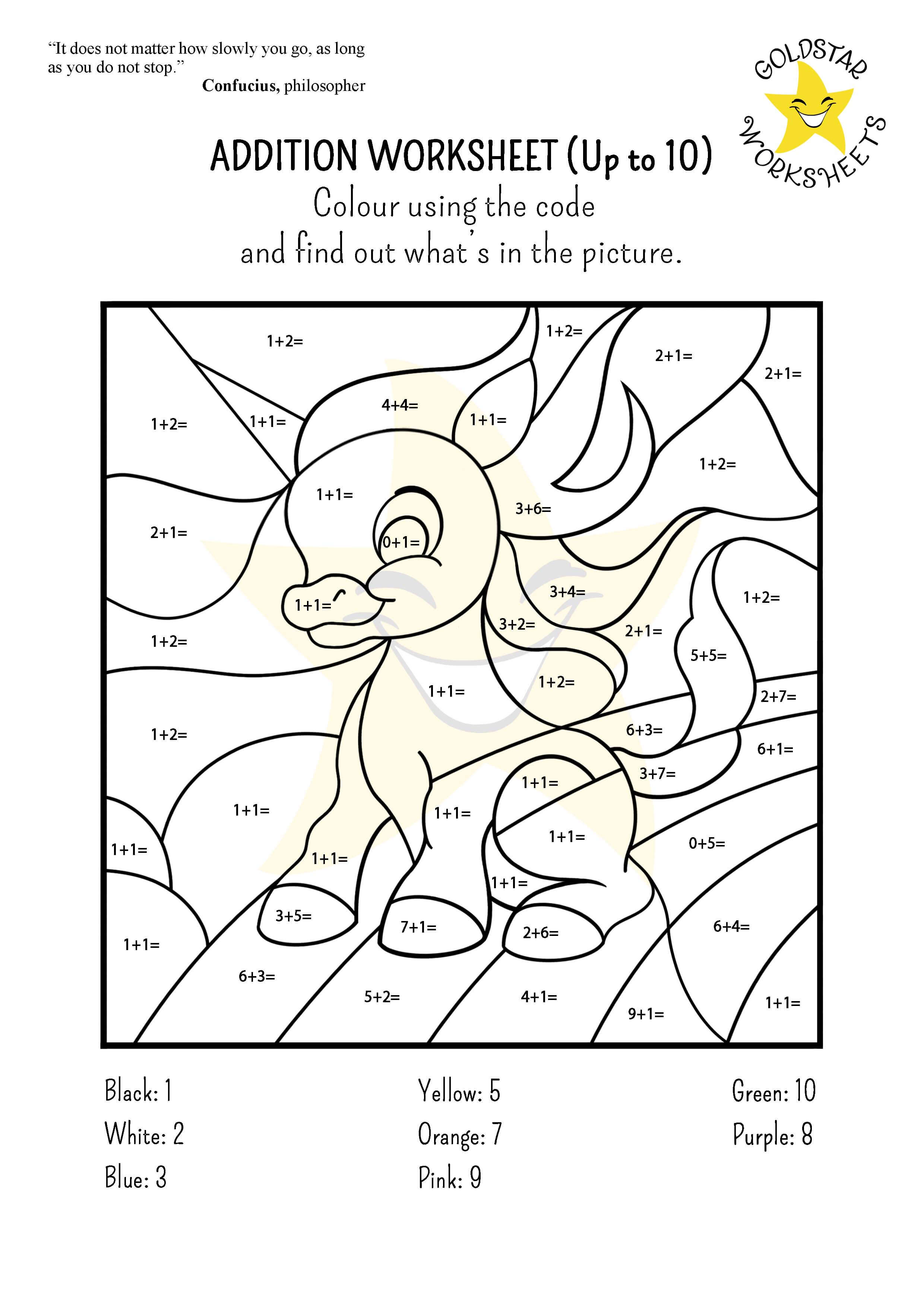 Addition to 10 worksheet - Reveal the picture