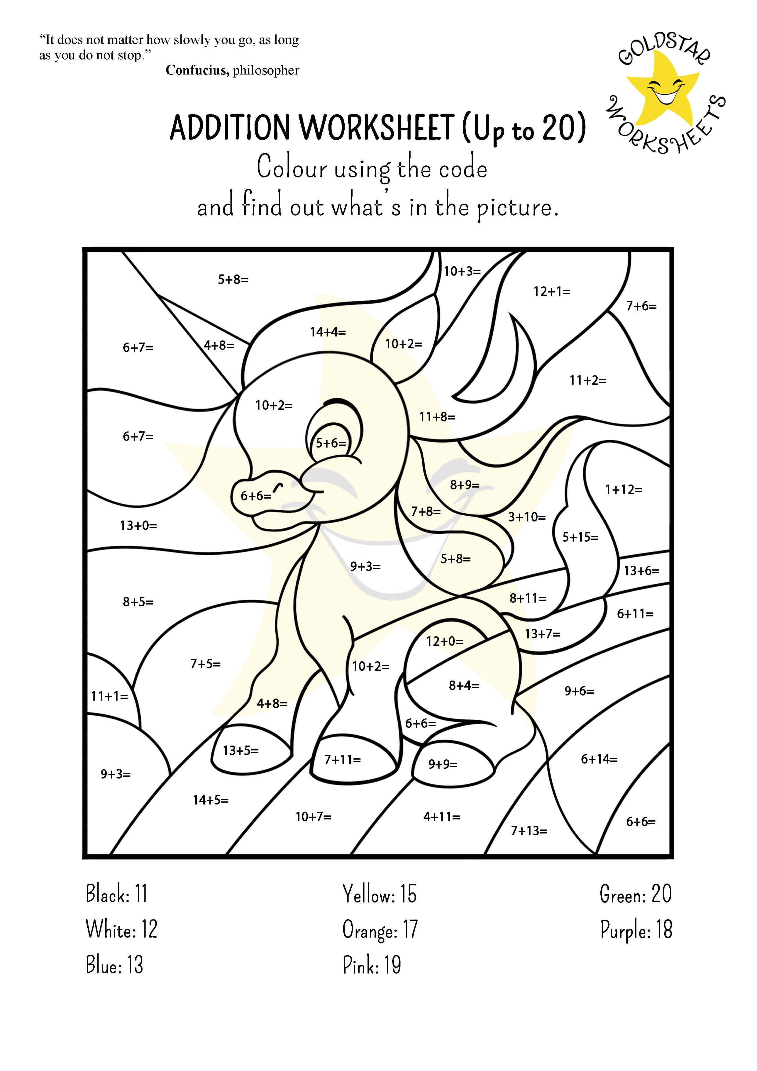 Addition to 20 worksheet - Reveal the picture