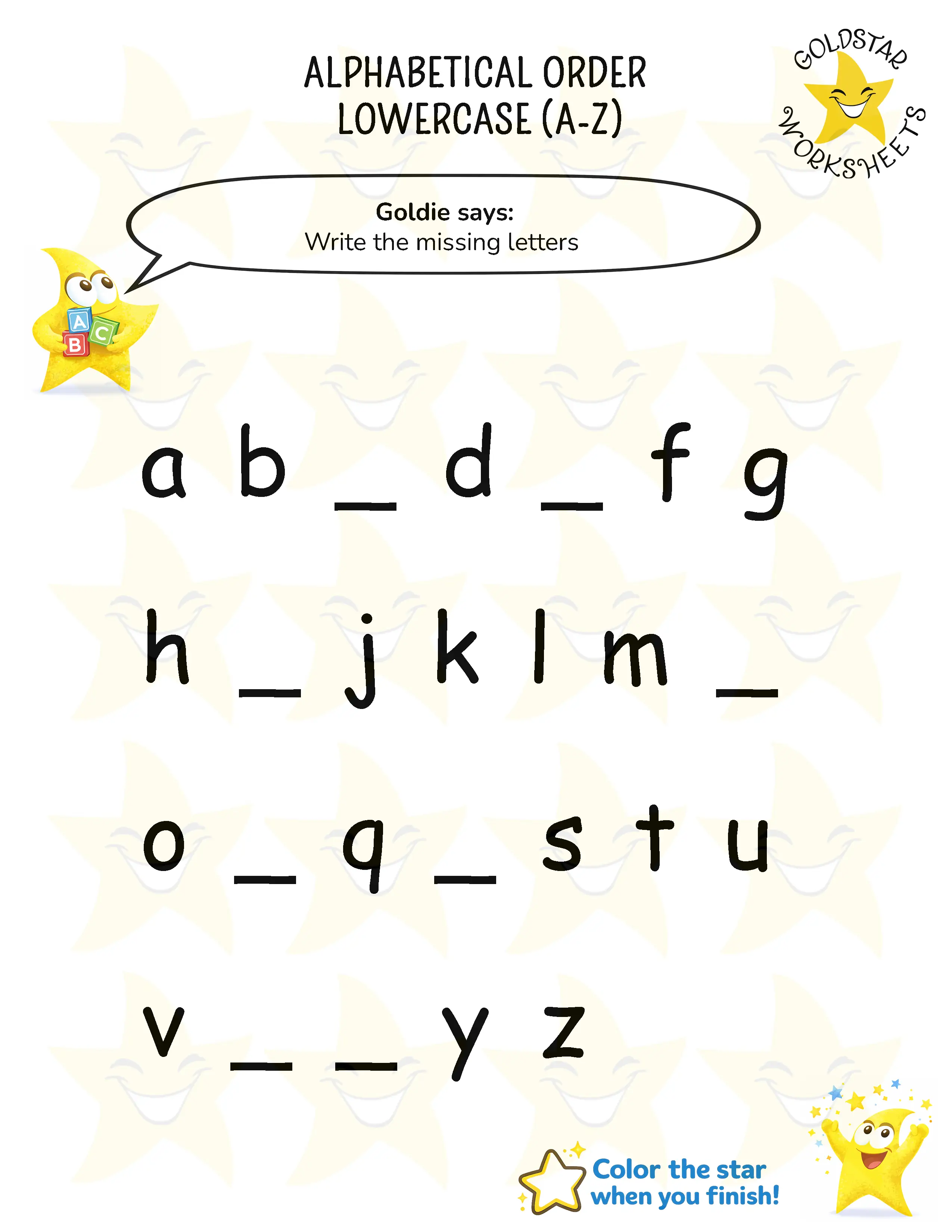 Complete the lowercase alphabet worksheet